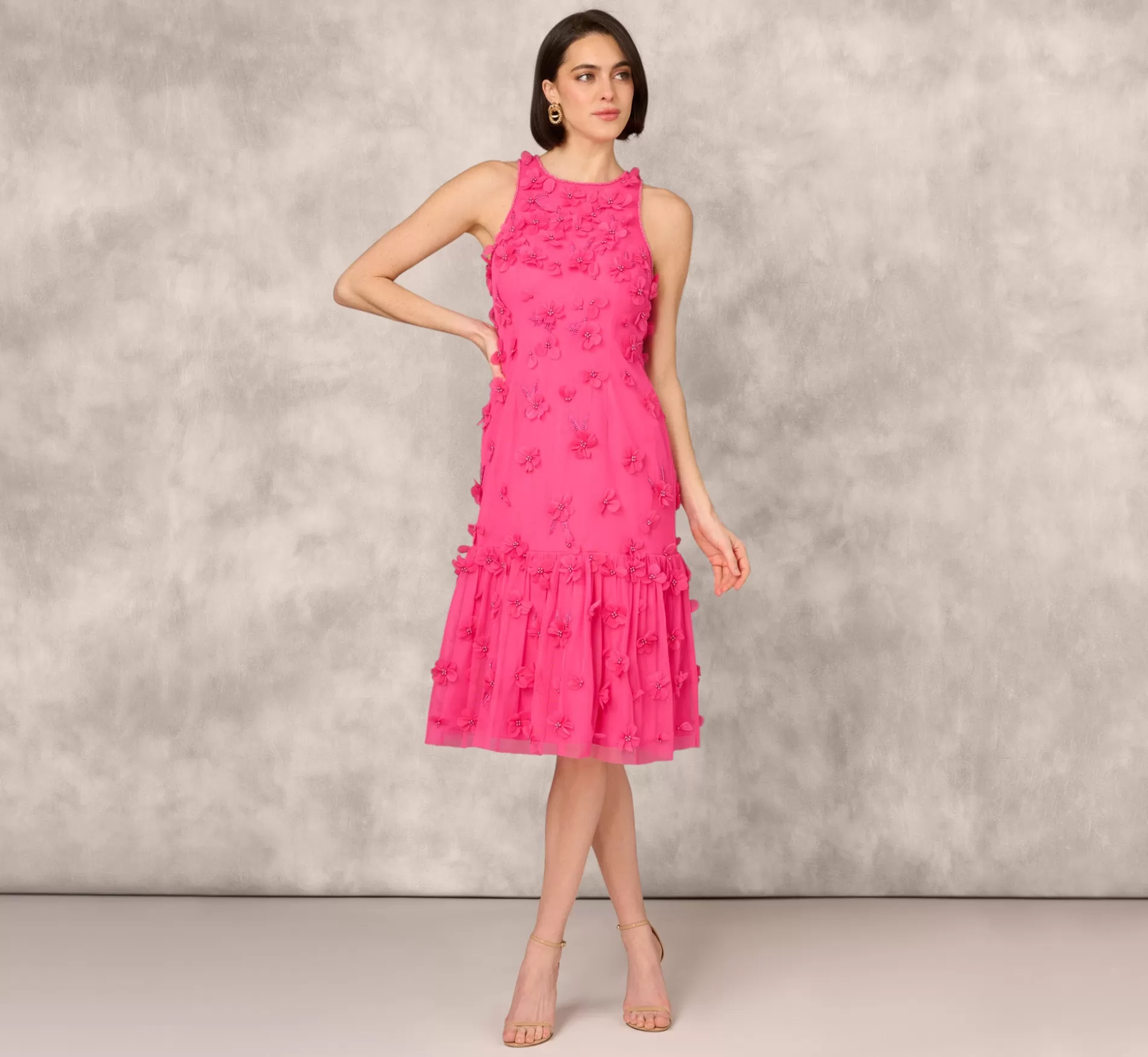 Store 3D Floral And Bead Embellished Midi Dress With Flounce Skirt In Electric Pink Formal | Floral Dresses