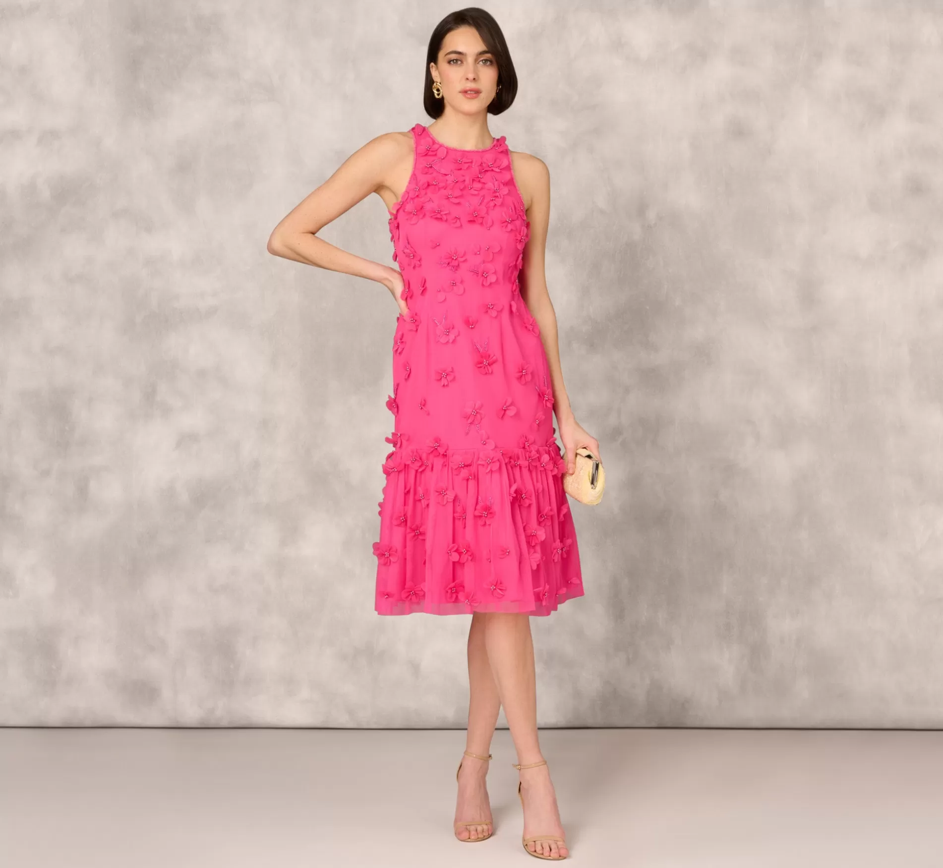 Store 3D Floral And Bead Embellished Midi Dress With Flounce Skirt In Electric Pink Formal | Floral Dresses