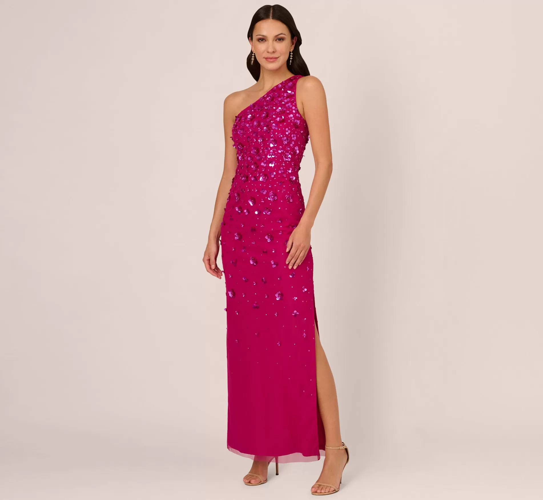 Discount 3D Floral Hand-Beaded One-Shoulder Long Column Gown In Hot Orchid Long Dresses | Best Sellers