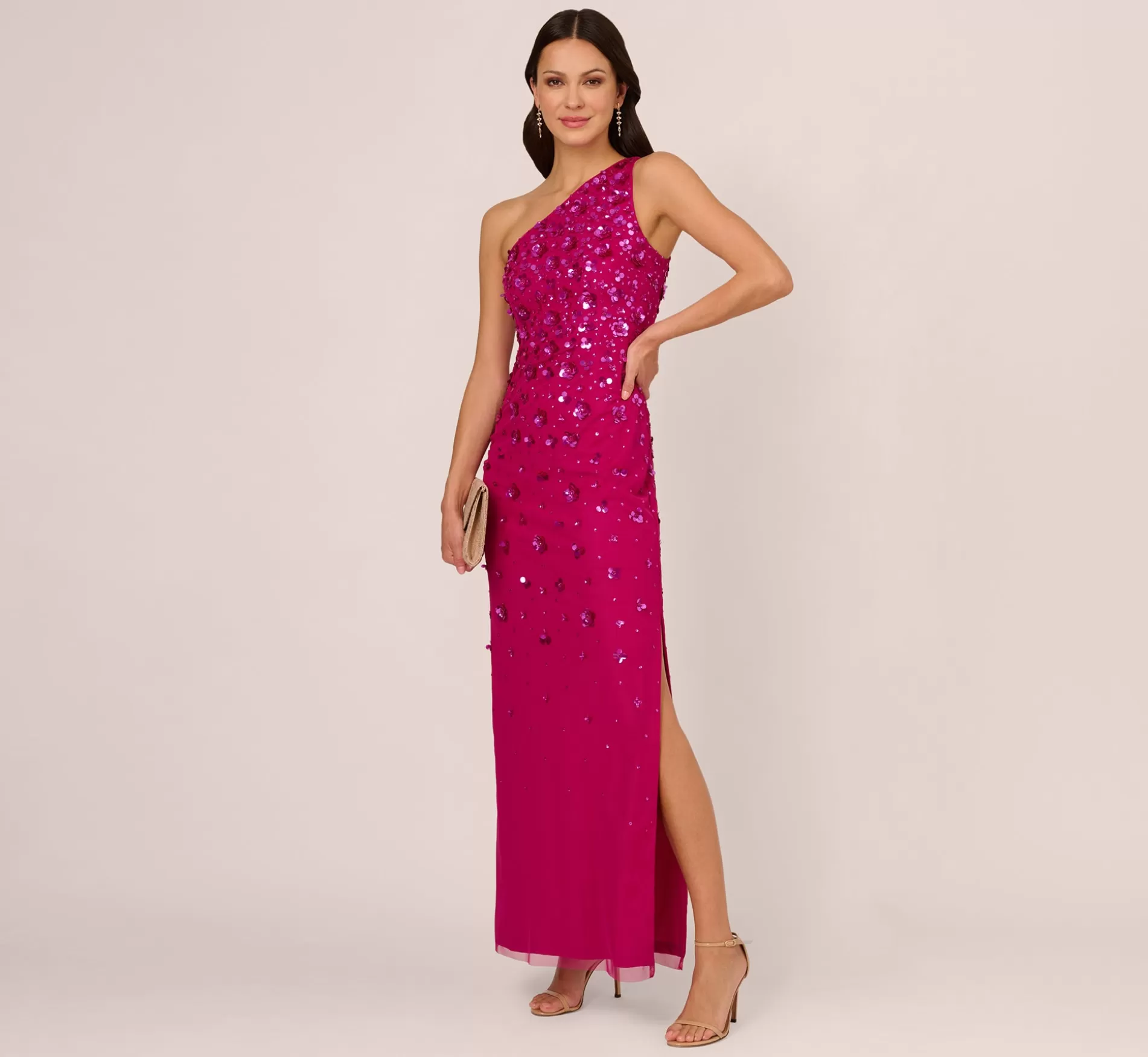 Discount 3D Floral Hand-Beaded One-Shoulder Long Column Gown In Hot Orchid Long Dresses | Best Sellers