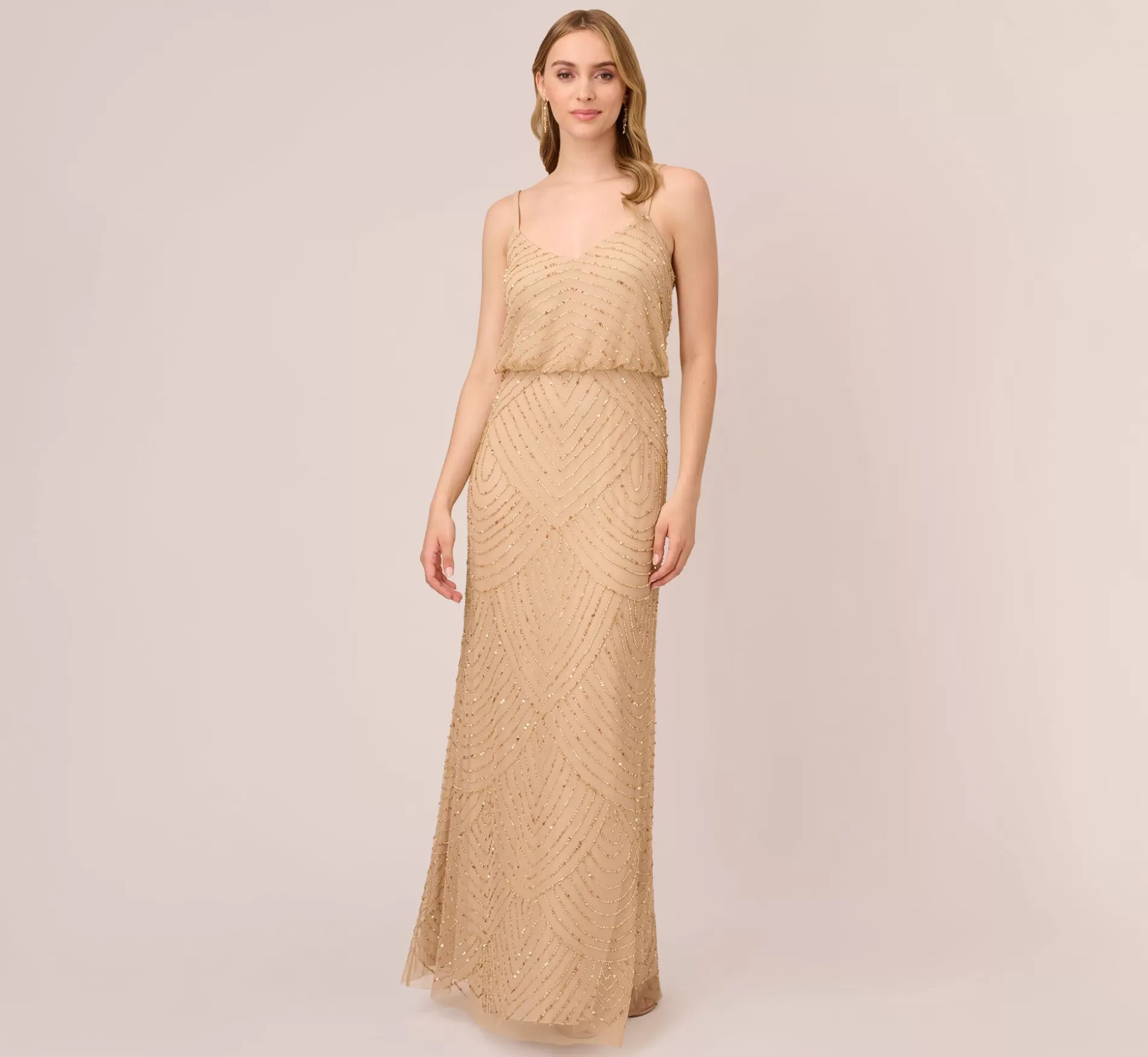 New Art Deco Beaded Blouson Gown In Champ Gold Signature Blouson Collection | Long Dresses