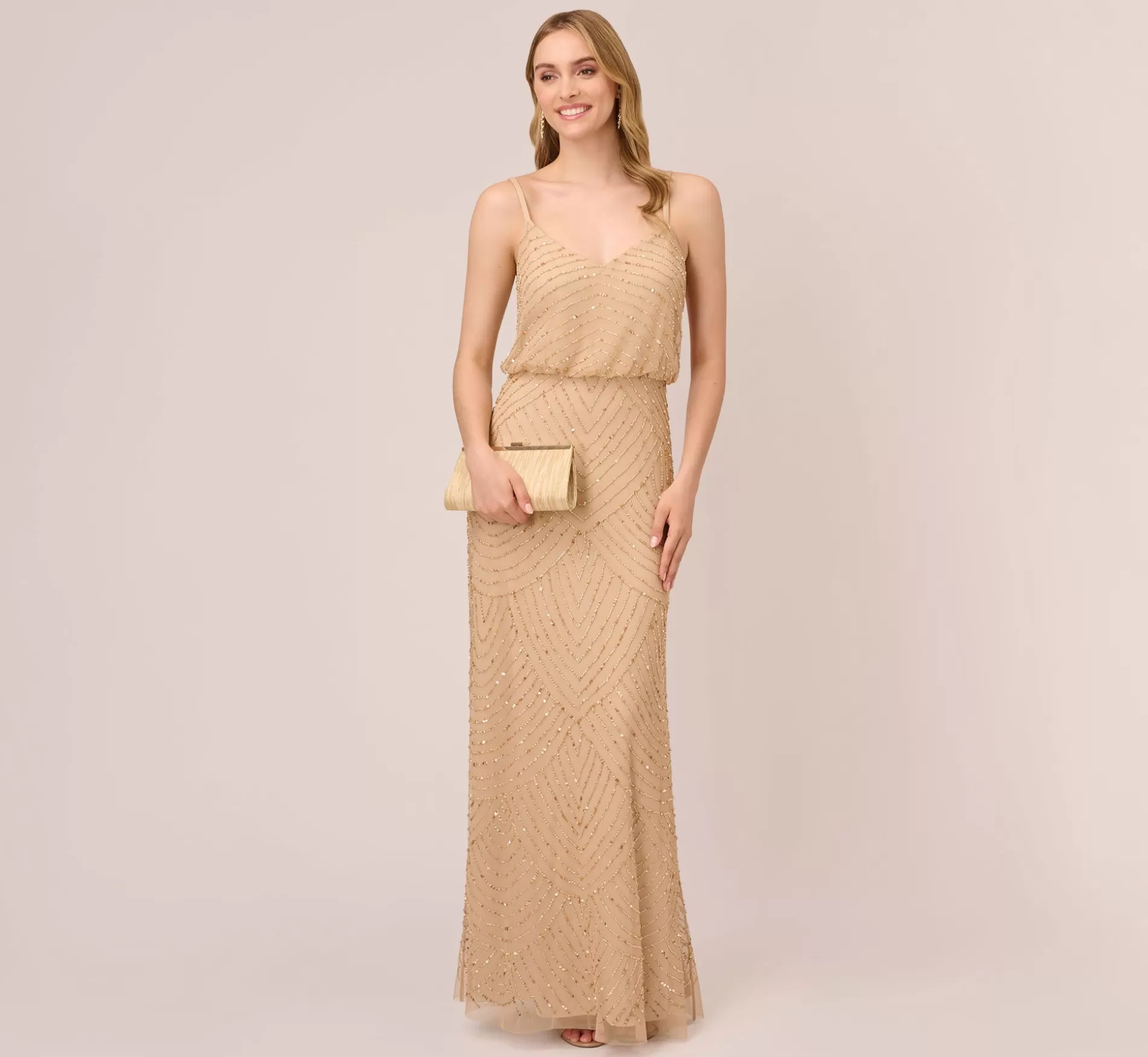 New Art Deco Beaded Blouson Gown In Champ Gold Signature Blouson Collection | Long Dresses