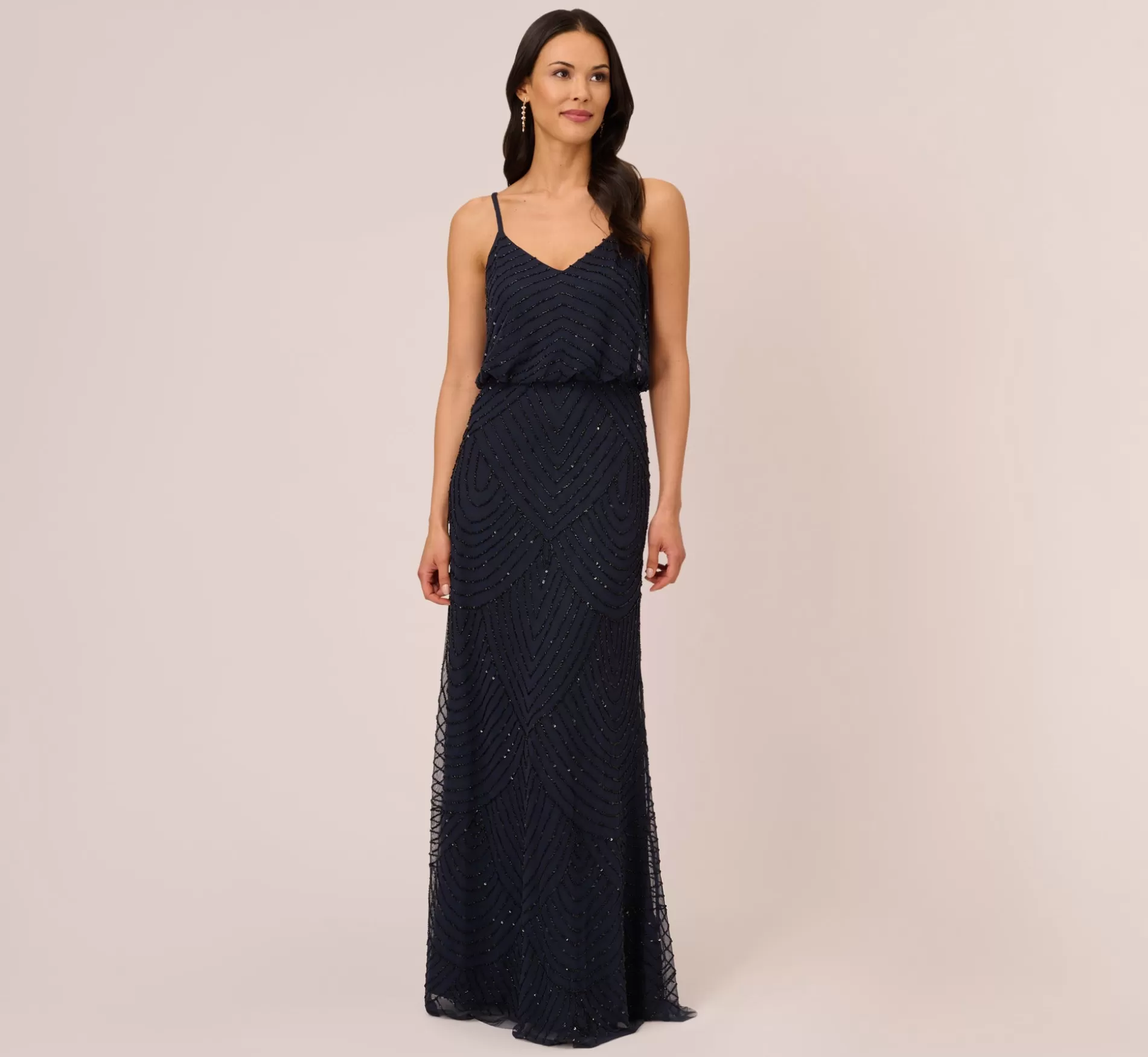 Discount Art Deco Beaded Blouson Gown In Navy Black Signature Blouson Collection | Long Dresses