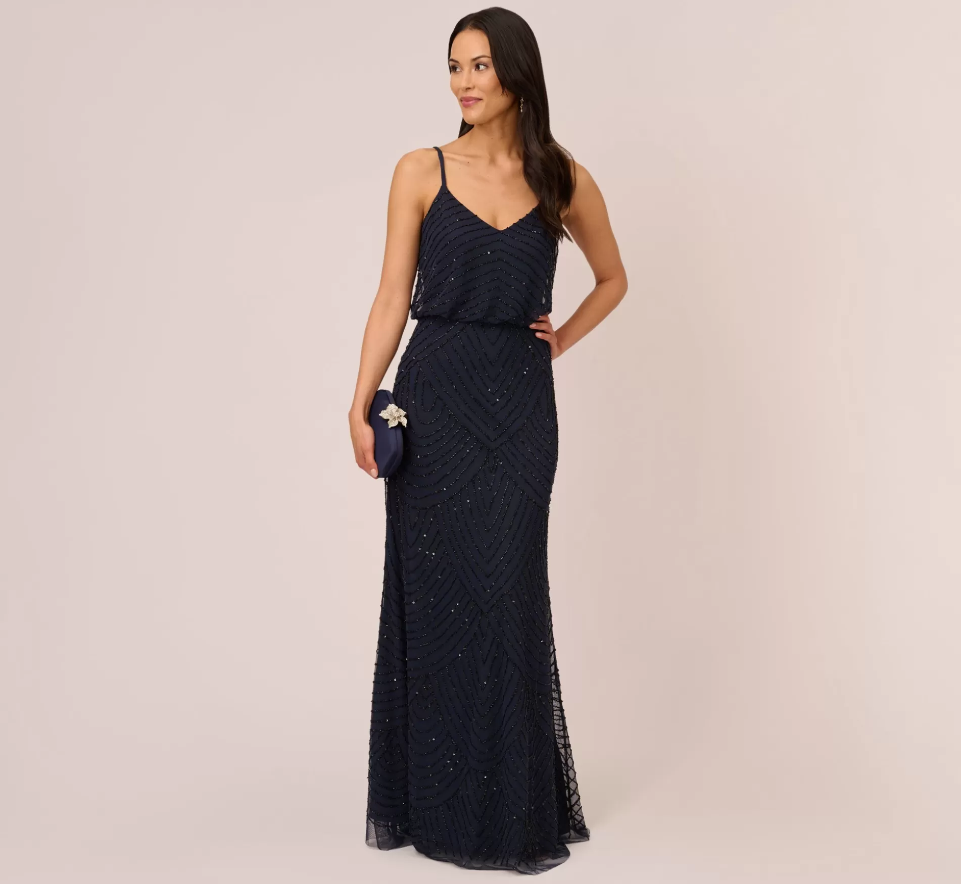 Discount Art Deco Beaded Blouson Gown In Navy Black Signature Blouson Collection | Long Dresses