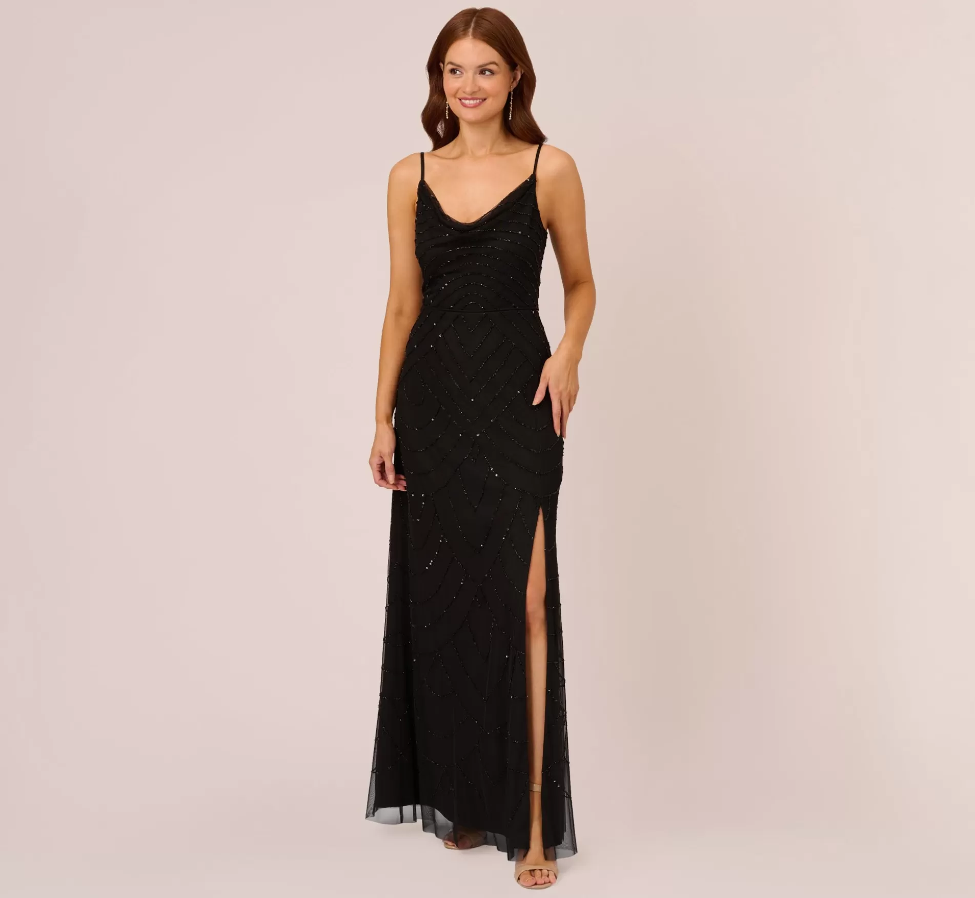 Clearance Art Deco Beaded Mermaid Gown With Cowl Neckline In Black Long Dresses | Beaded