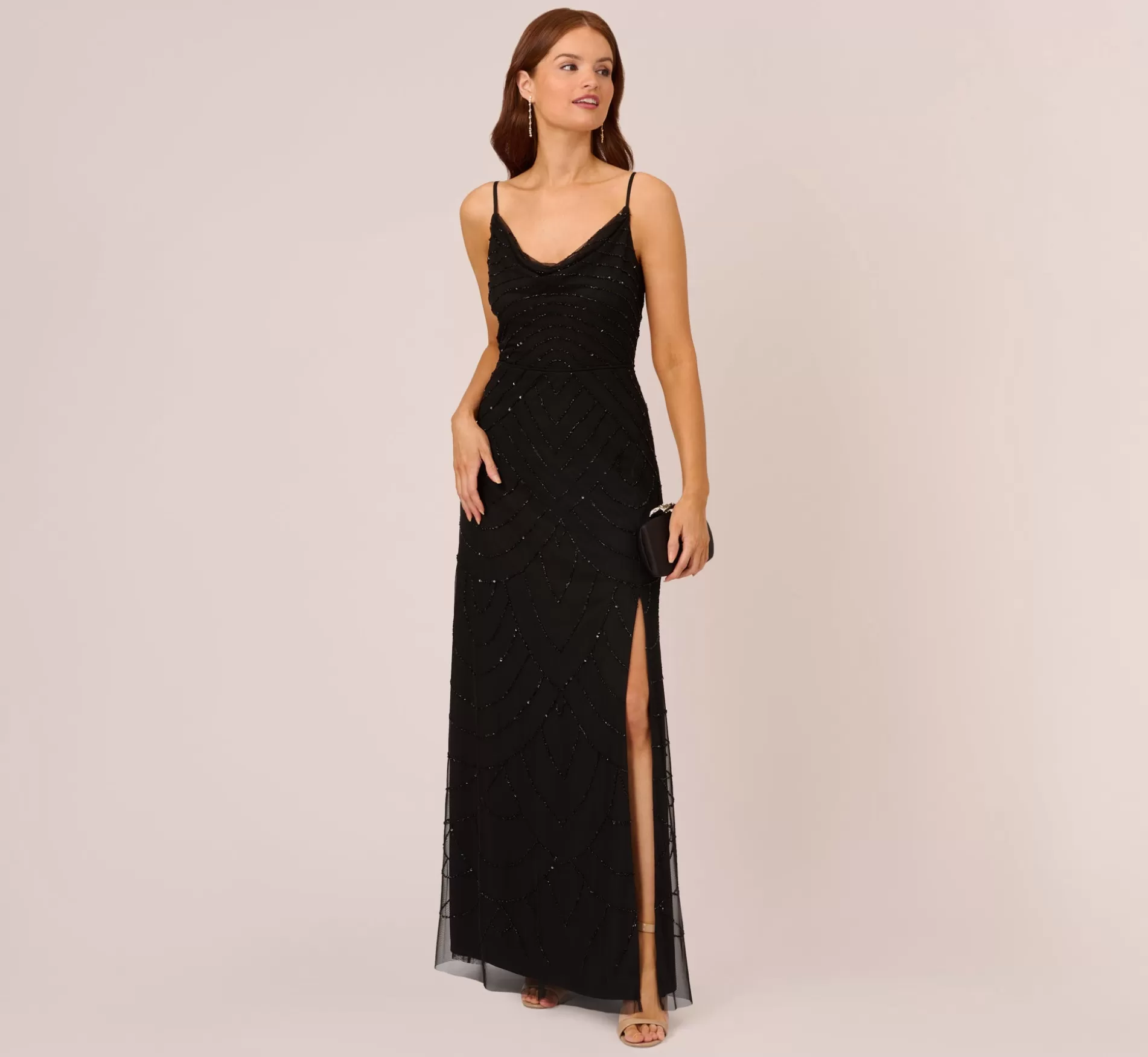 Clearance Art Deco Beaded Mermaid Gown With Cowl Neckline In Black Long Dresses | Beaded
