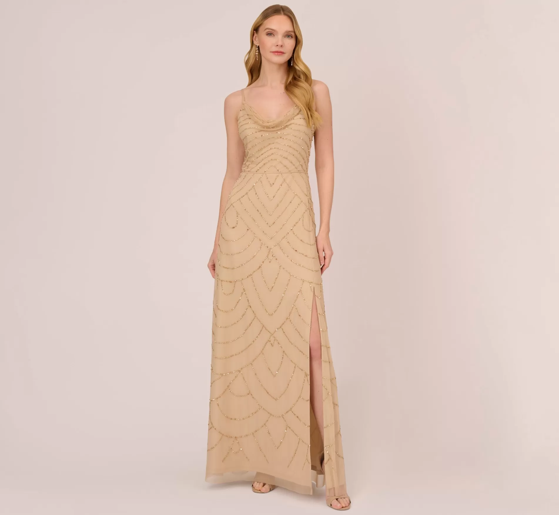 Outlet Art Deco Beaded Mermaid Gown With Cowl Neckline In Champagne Gold Long Dresses | Beaded