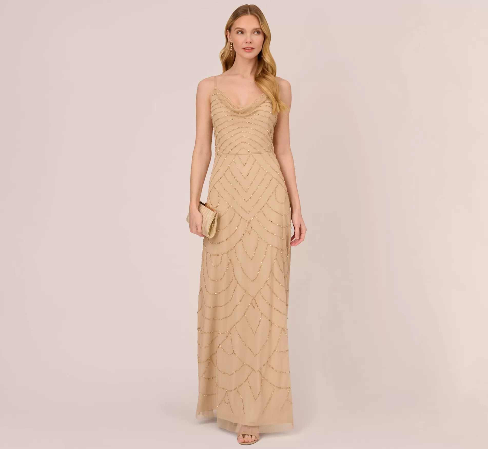 Outlet Art Deco Beaded Mermaid Gown With Cowl Neckline In Champagne Gold Long Dresses | Beaded