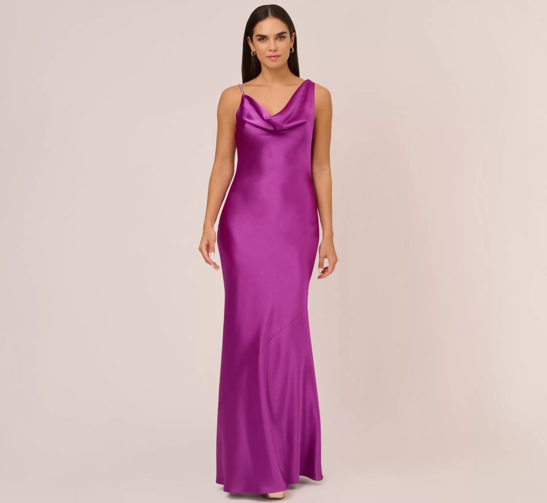 Cheap Asymmetrical A-Line Satin Gown With Rhinestone Trim In Wild Orchid Long Dresses | Long Dresses