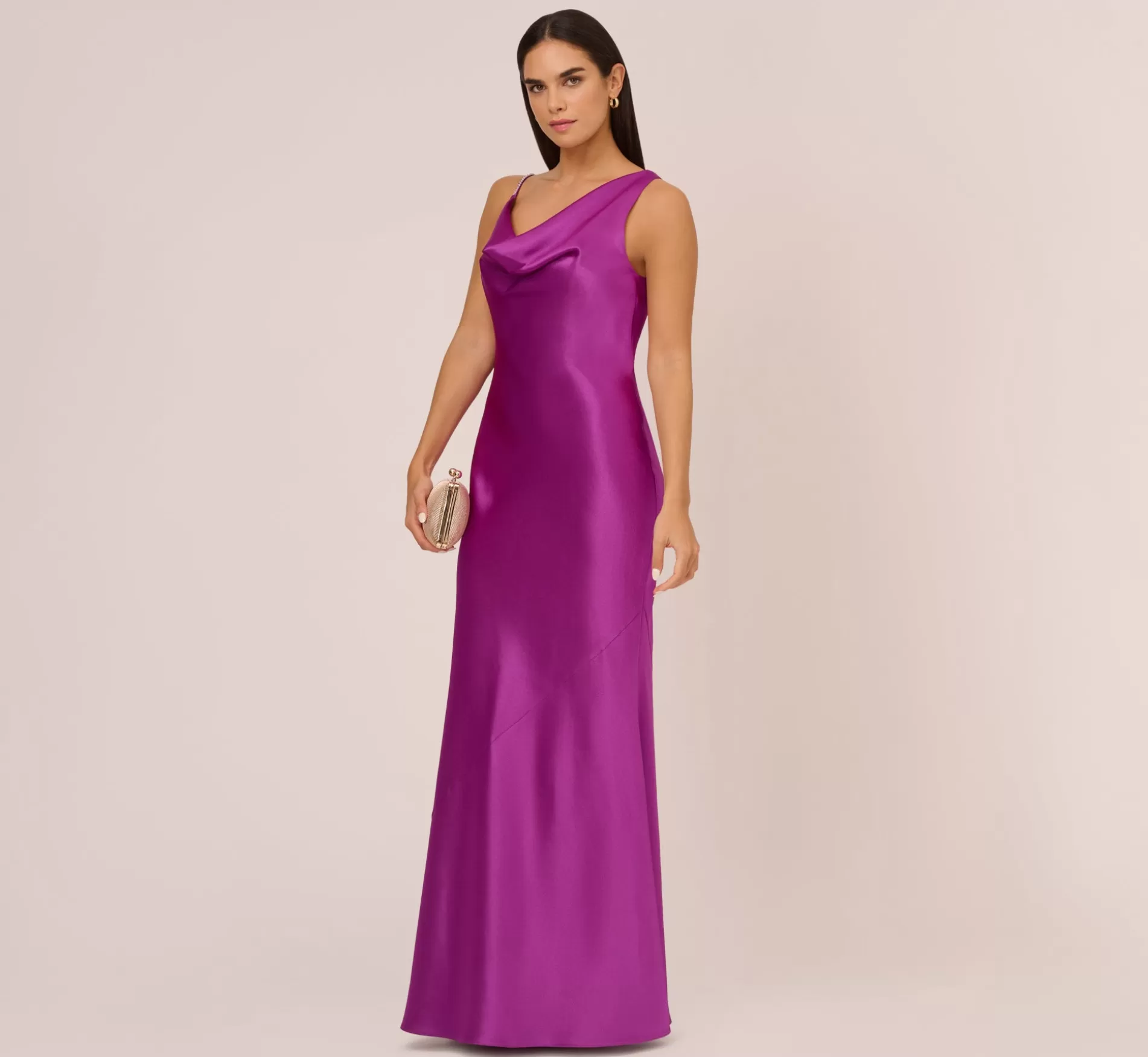 Cheap Asymmetrical A-Line Satin Gown With Rhinestone Trim In Wild Orchid Long Dresses | Long Dresses