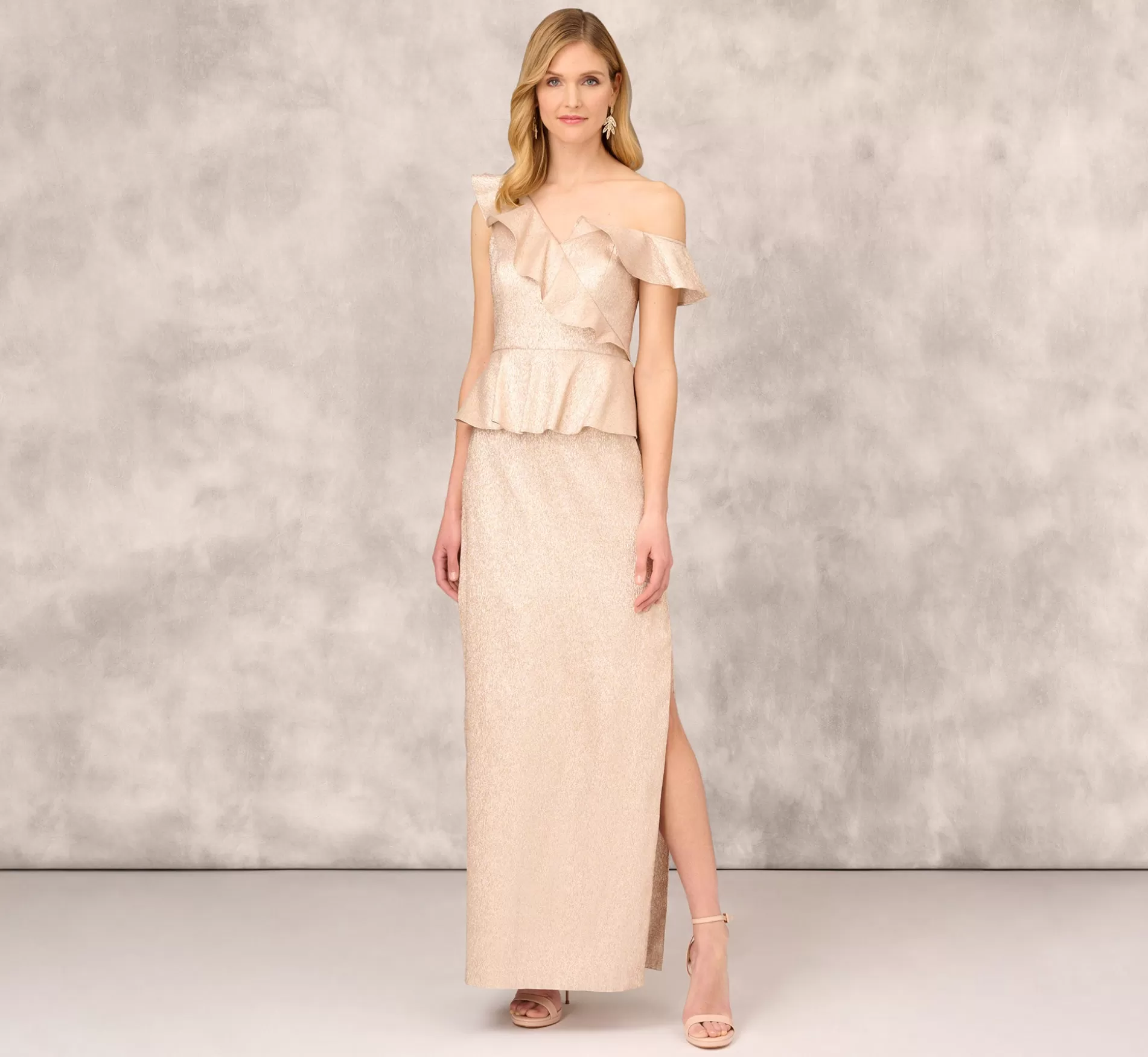 Outlet Asymmetrical Column Gown With Ruffle Details In Taupe Long Dresses