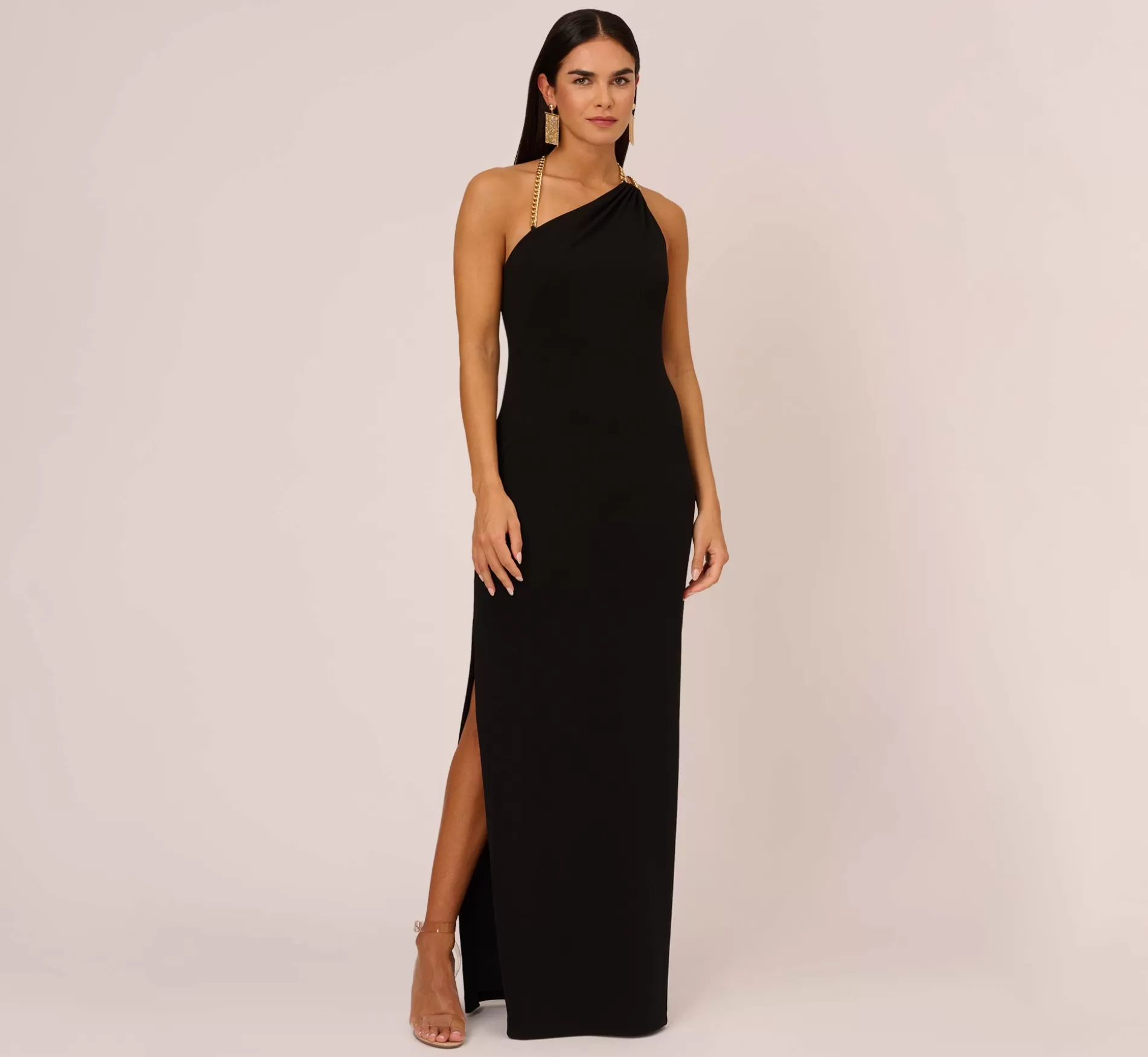 Store Asymmetrical Crepe Column Gown With Chain Straps In Black Long Dresses | Long Dresses