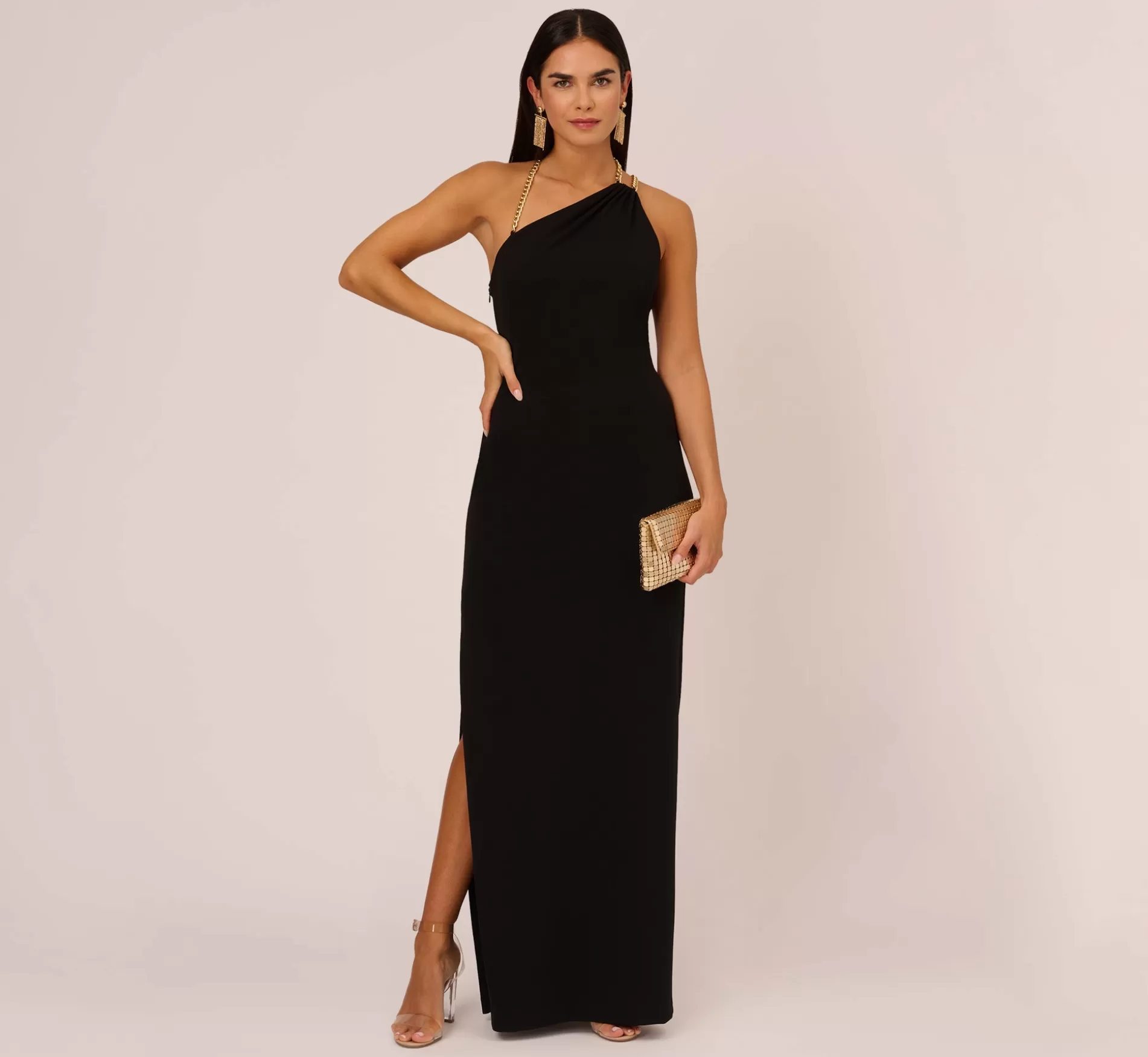 Store Asymmetrical Crepe Column Gown With Chain Straps In Black Long Dresses | Long Dresses