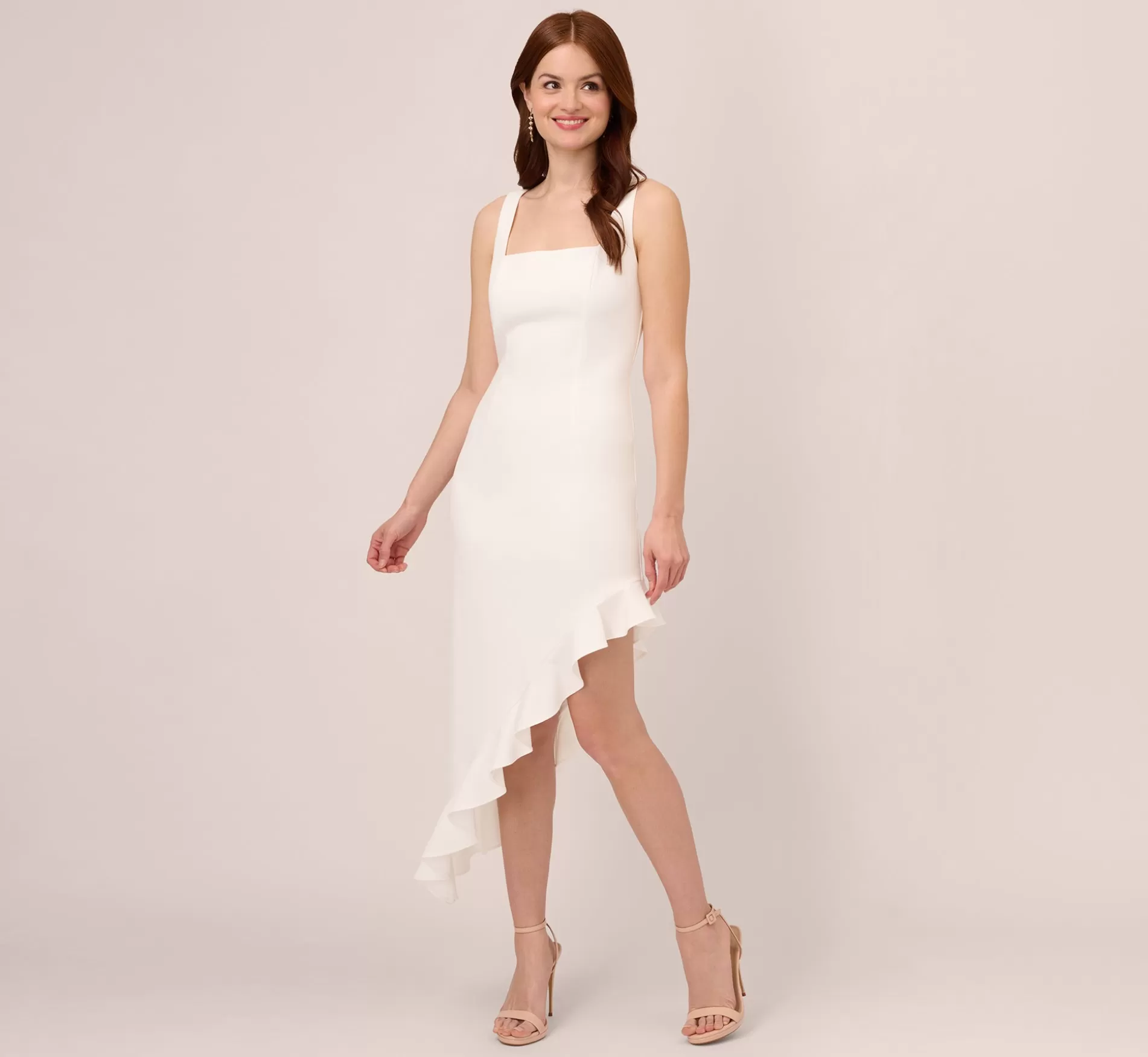 Best Sale Asymmetrical Crepe Midi Dress With Flounce Hem In Ivory Little White Dresses | Midi Dresses