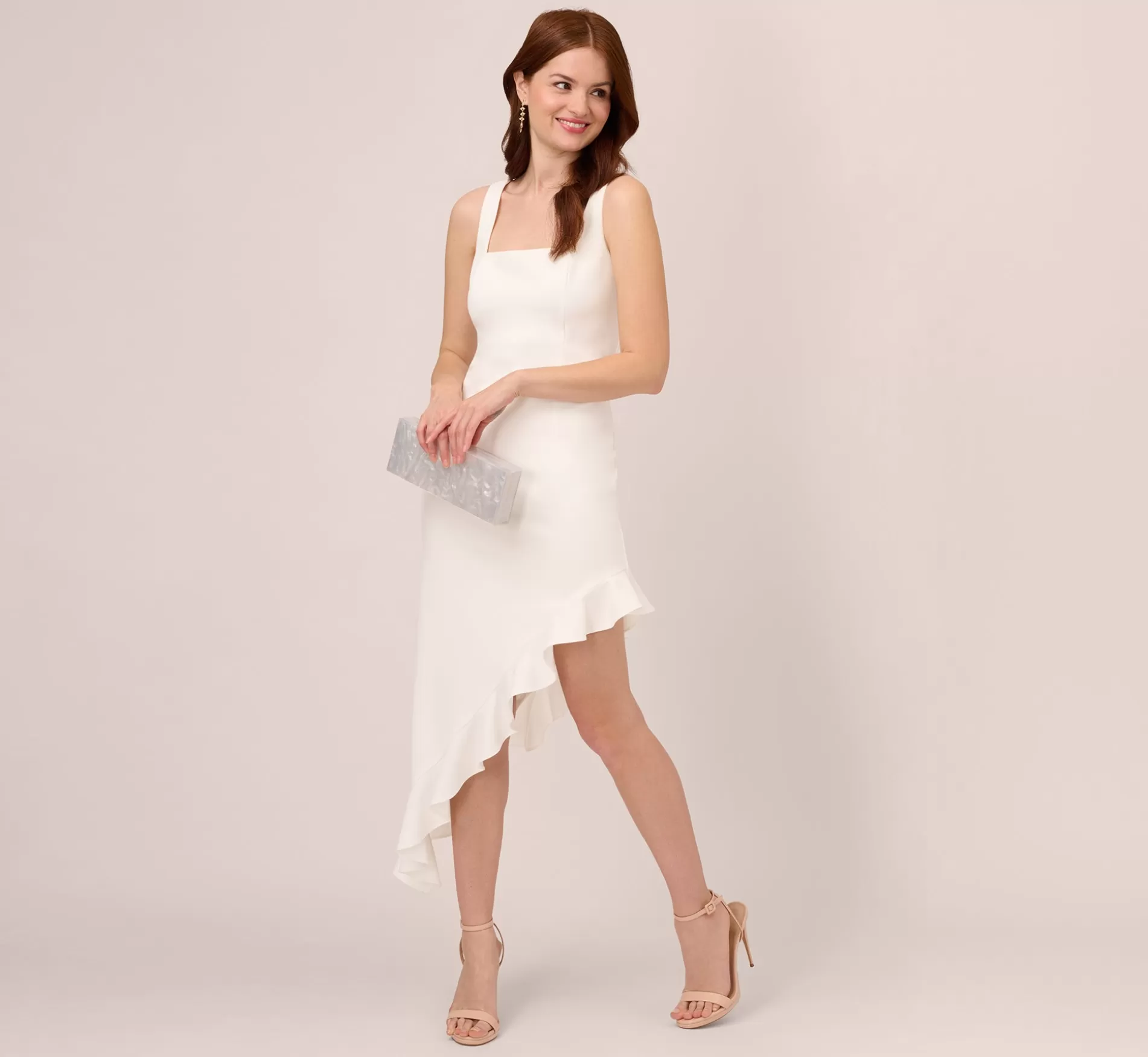 Best Sale Asymmetrical Crepe Midi Dress With Flounce Hem In Ivory Little White Dresses | Midi Dresses