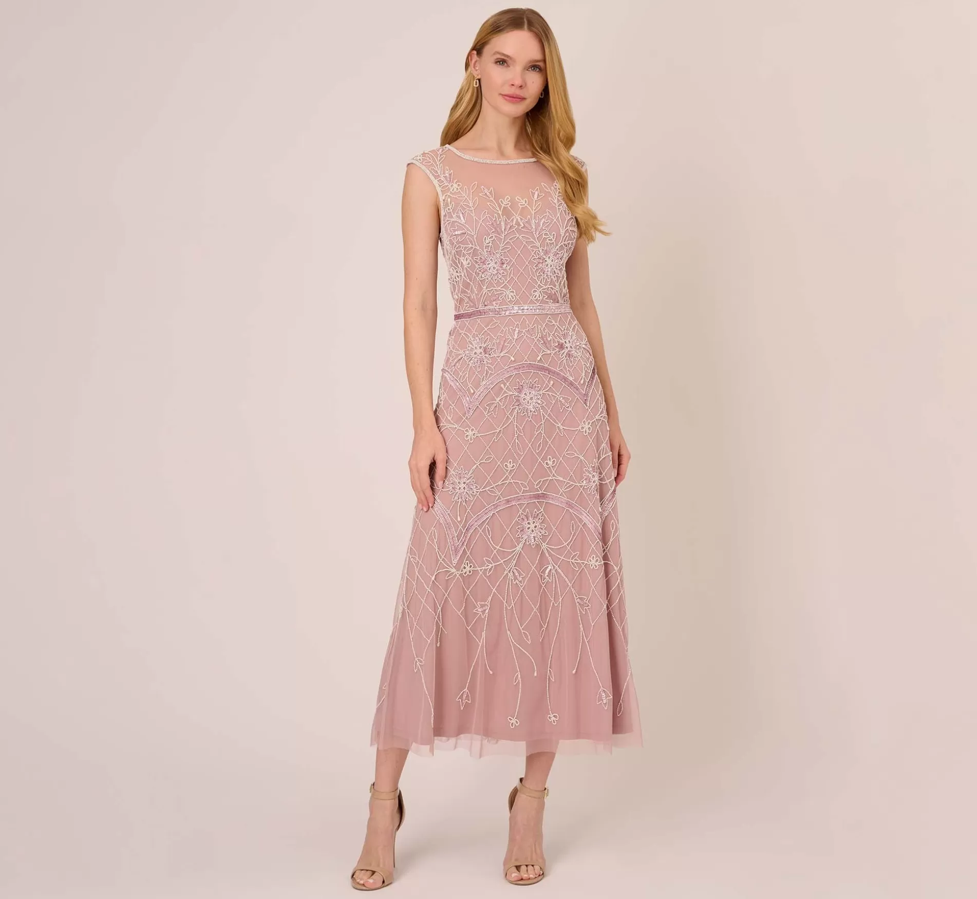 Best Beaded Ankle-Length Dress With Sheer Neckline In Dusted Petal Ivory Black Tie | Formal