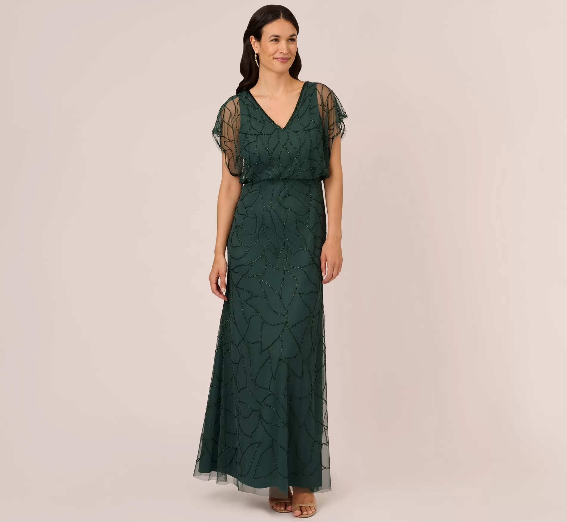 Fashion Beaded Blouson Mermaid Gown With Sheer Dolman Sleeves In Dusty Emerald Best Sellers | Beaded