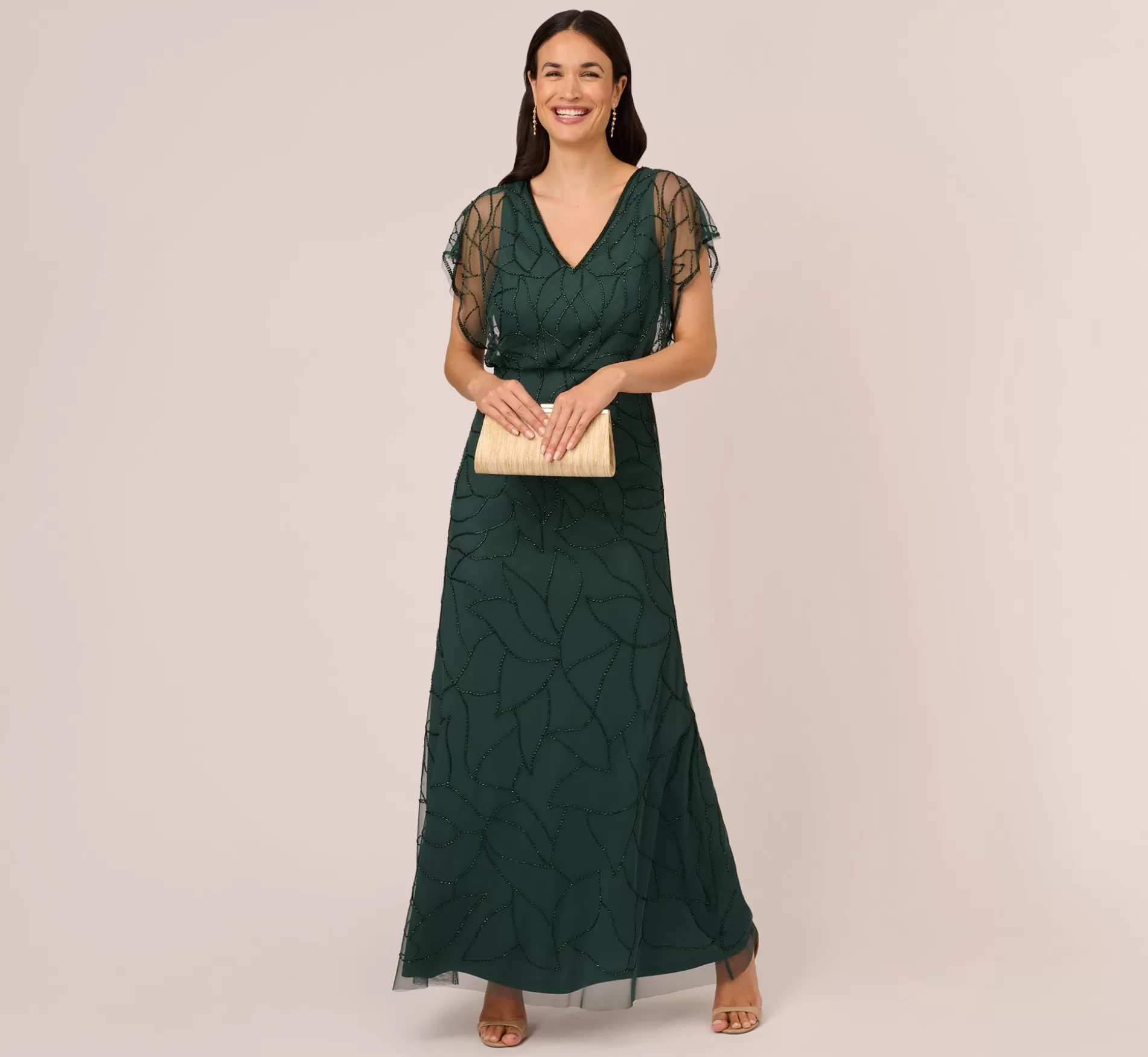 Fashion Beaded Blouson Mermaid Gown With Sheer Dolman Sleeves In Dusty Emerald Best Sellers | Beaded
