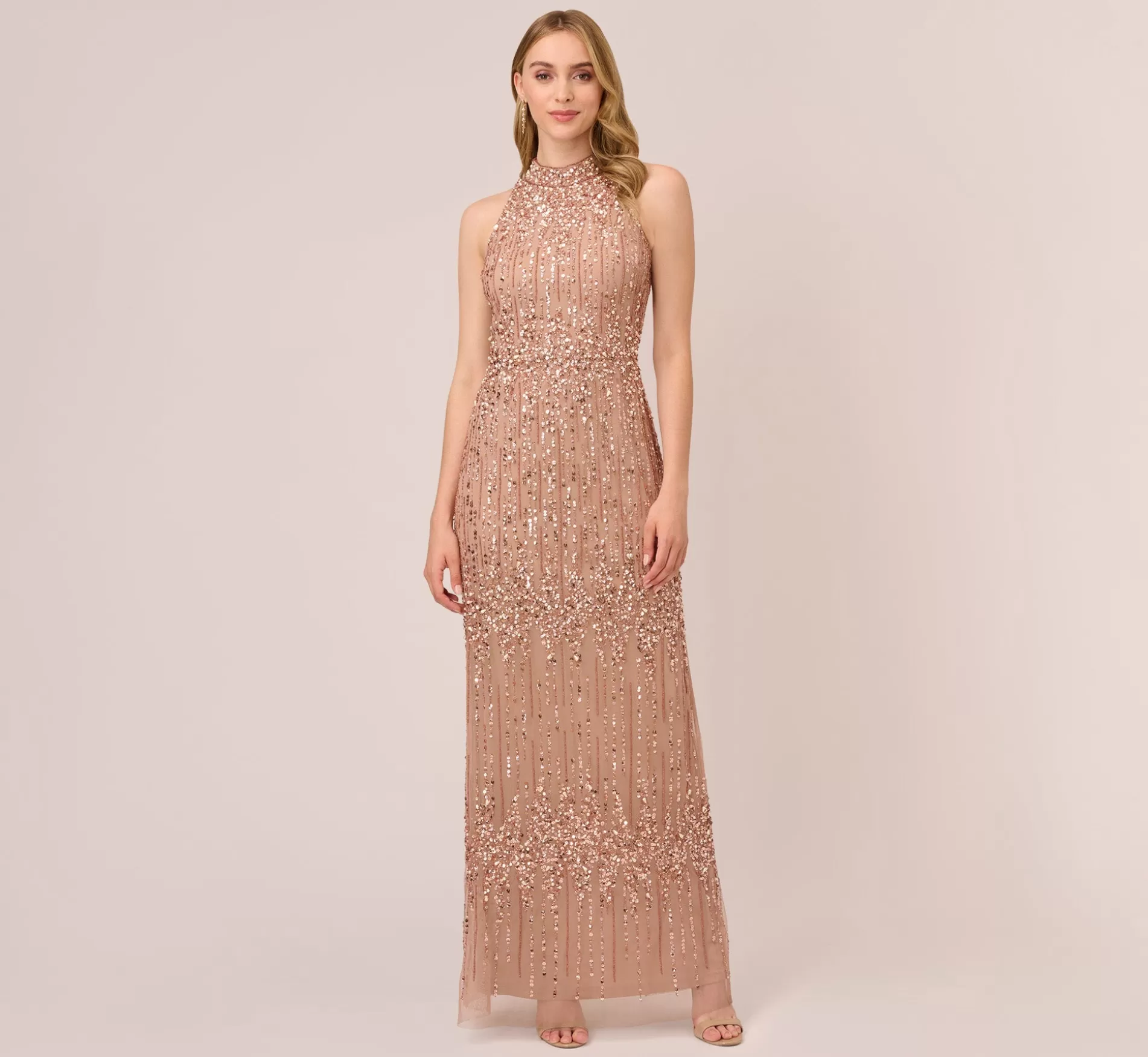 Fashion Beaded Column Gown With Mock Neckline In Rose Gold Long Dresses | Beaded