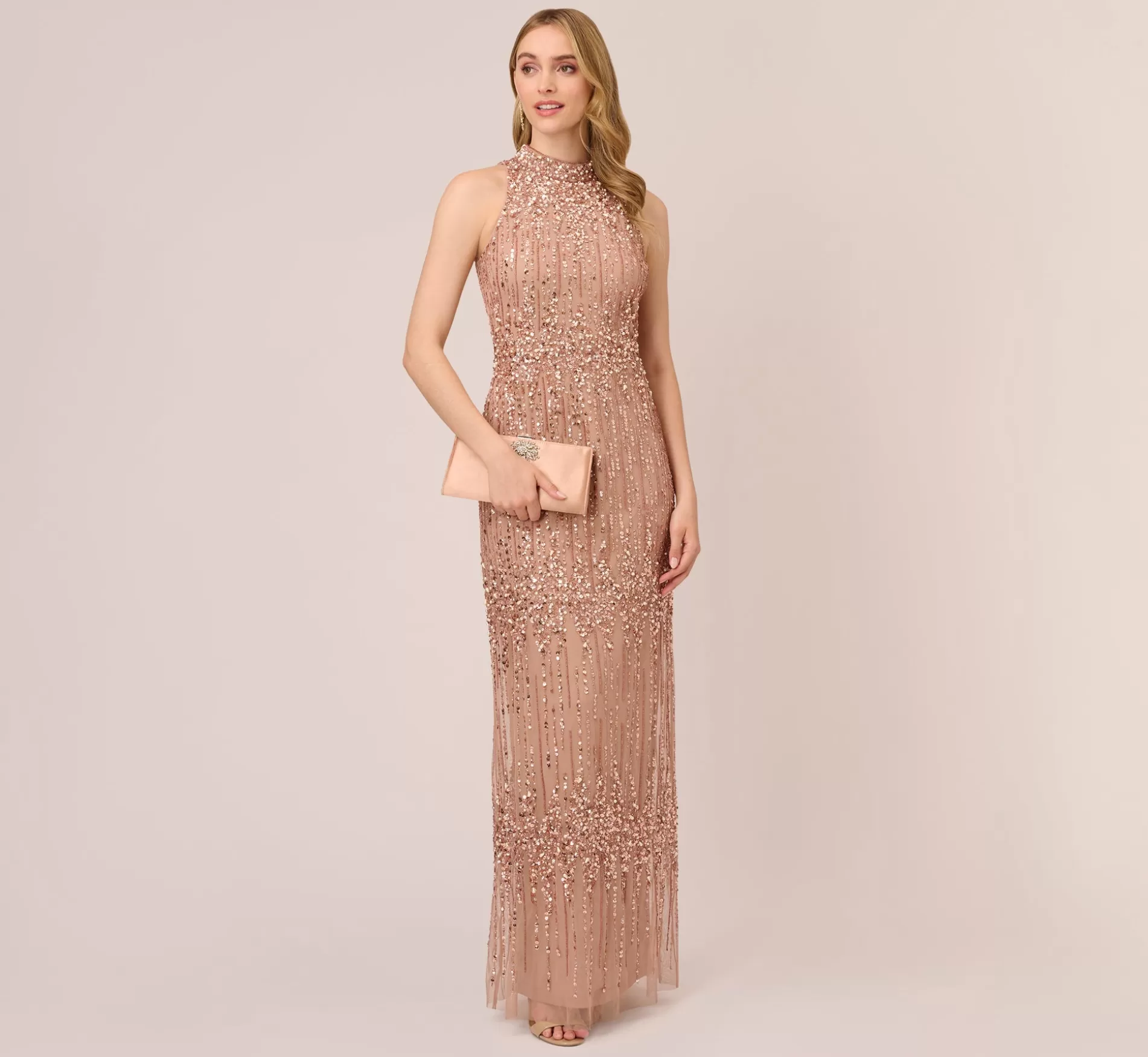 Fashion Beaded Column Gown With Mock Neckline In Rose Gold Long Dresses | Beaded