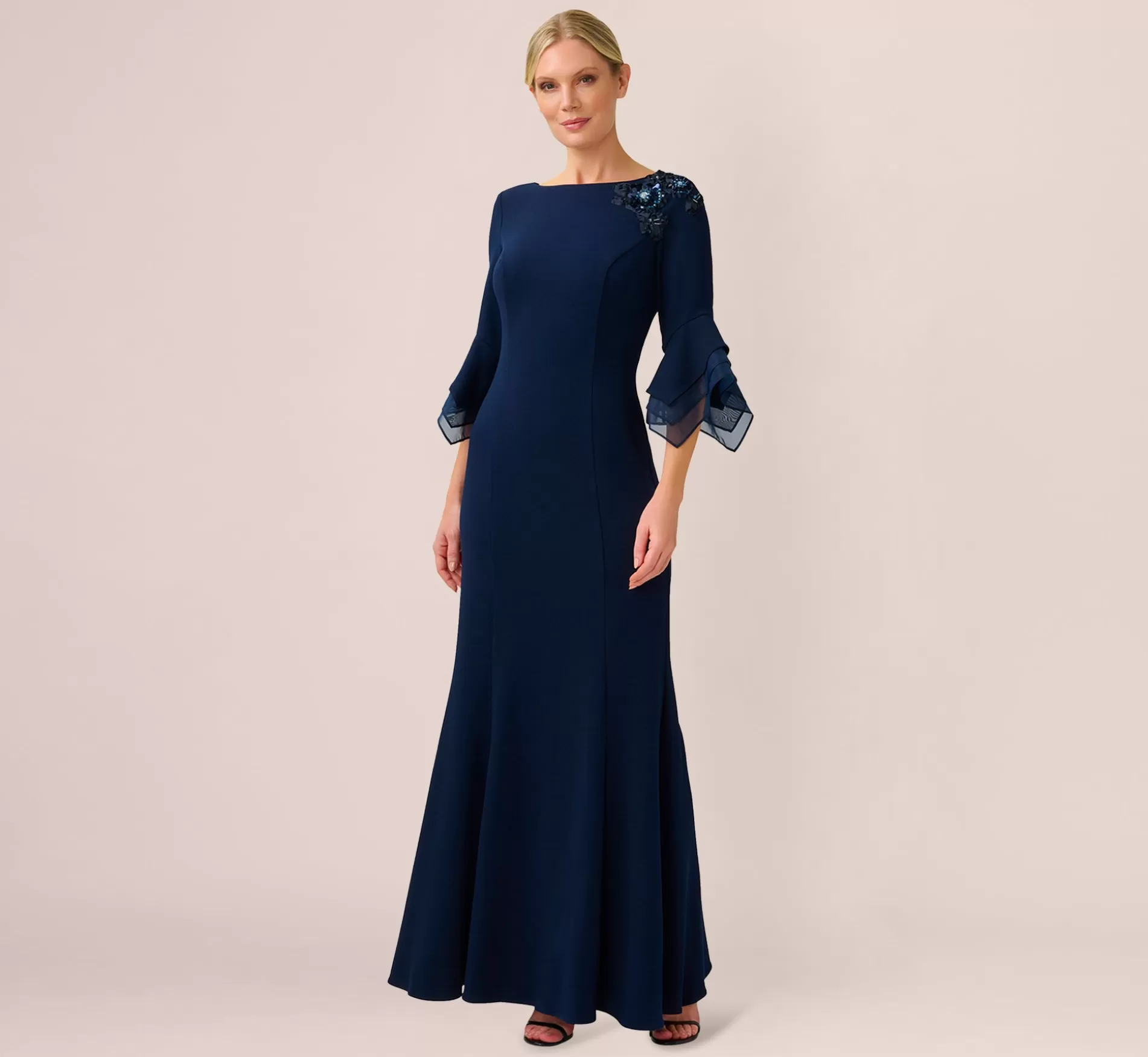 Sale Beaded Crepe Long Fit-And-Flare Gown In Midnight Beaded | Long Dresses