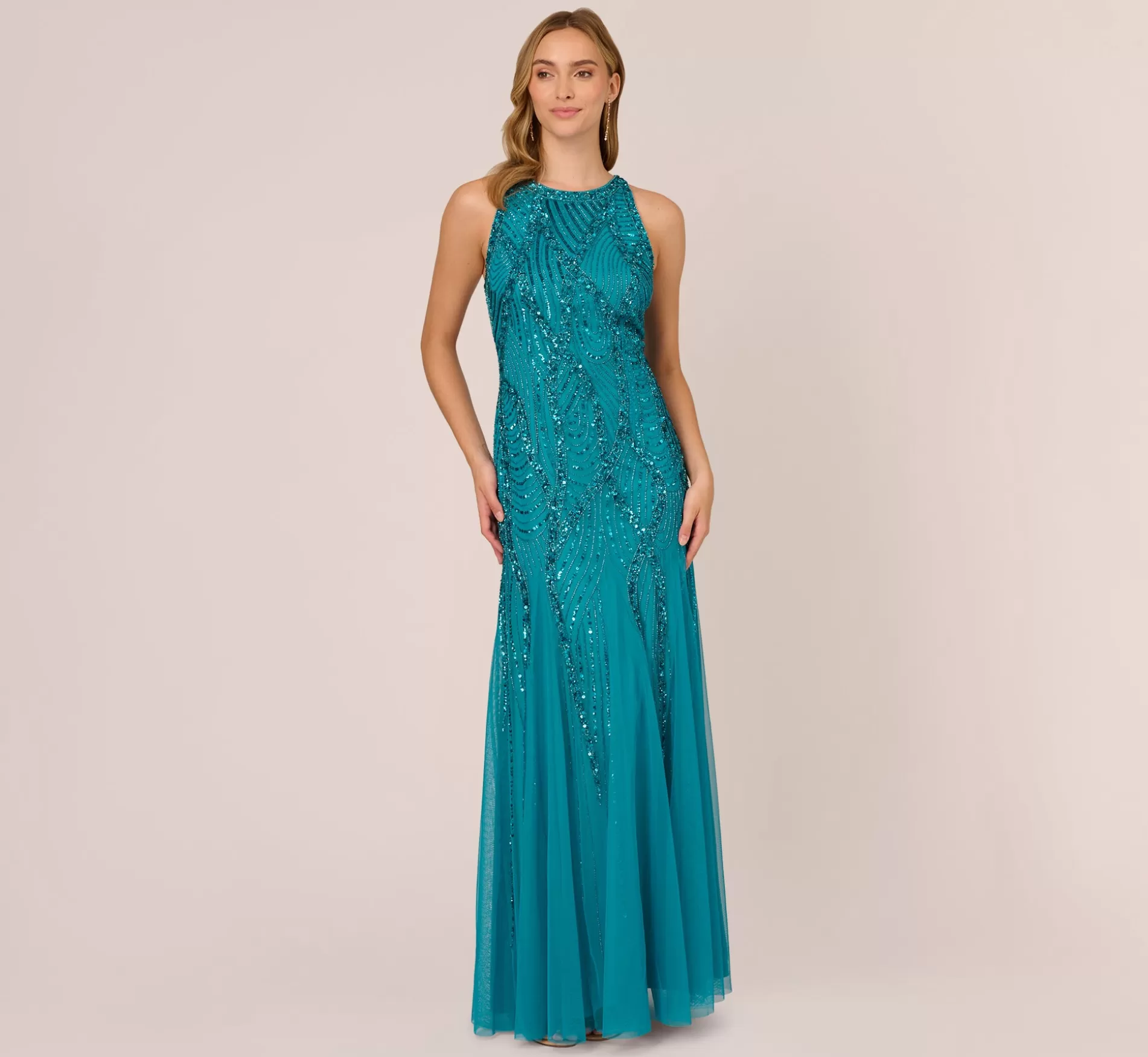 Shop Beaded Halter Gown With Godet Skirt In Teal Beaded | Black Tie