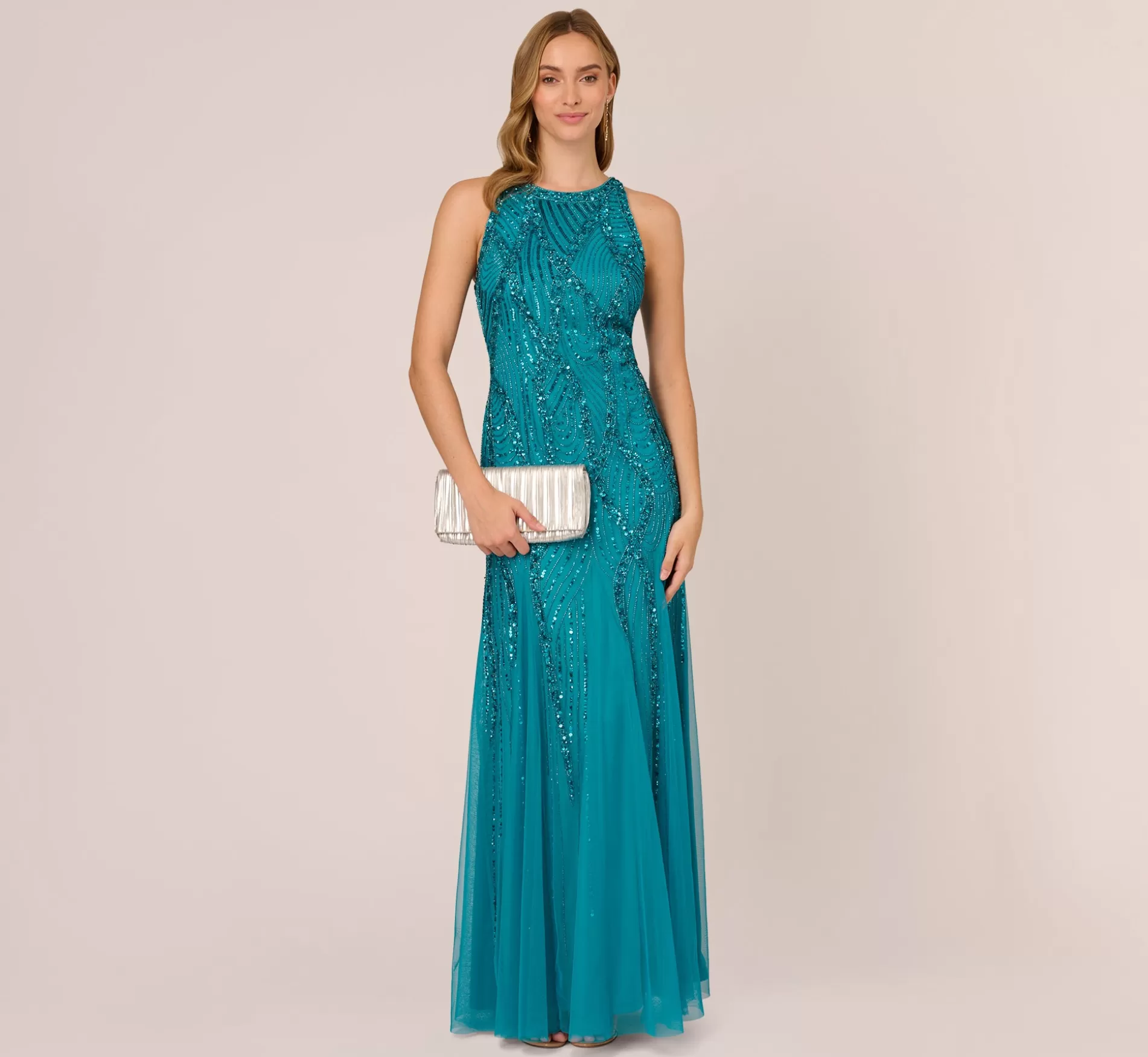 Shop Beaded Halter Gown With Godet Skirt In Teal Beaded | Black Tie