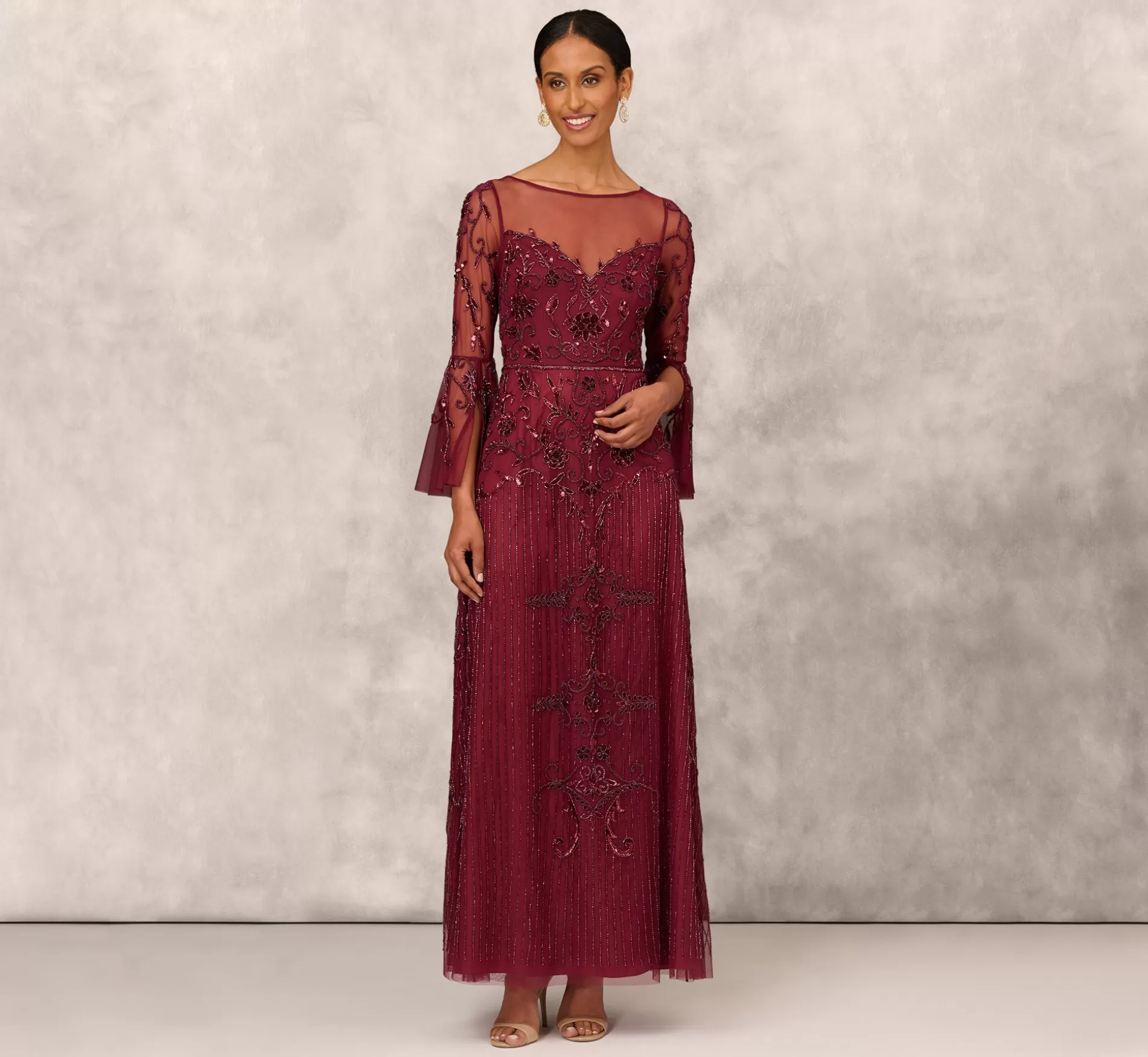 Fashion Beaded Illusion Gown With Long Bell Sleeves In Mahogany Long Dresses