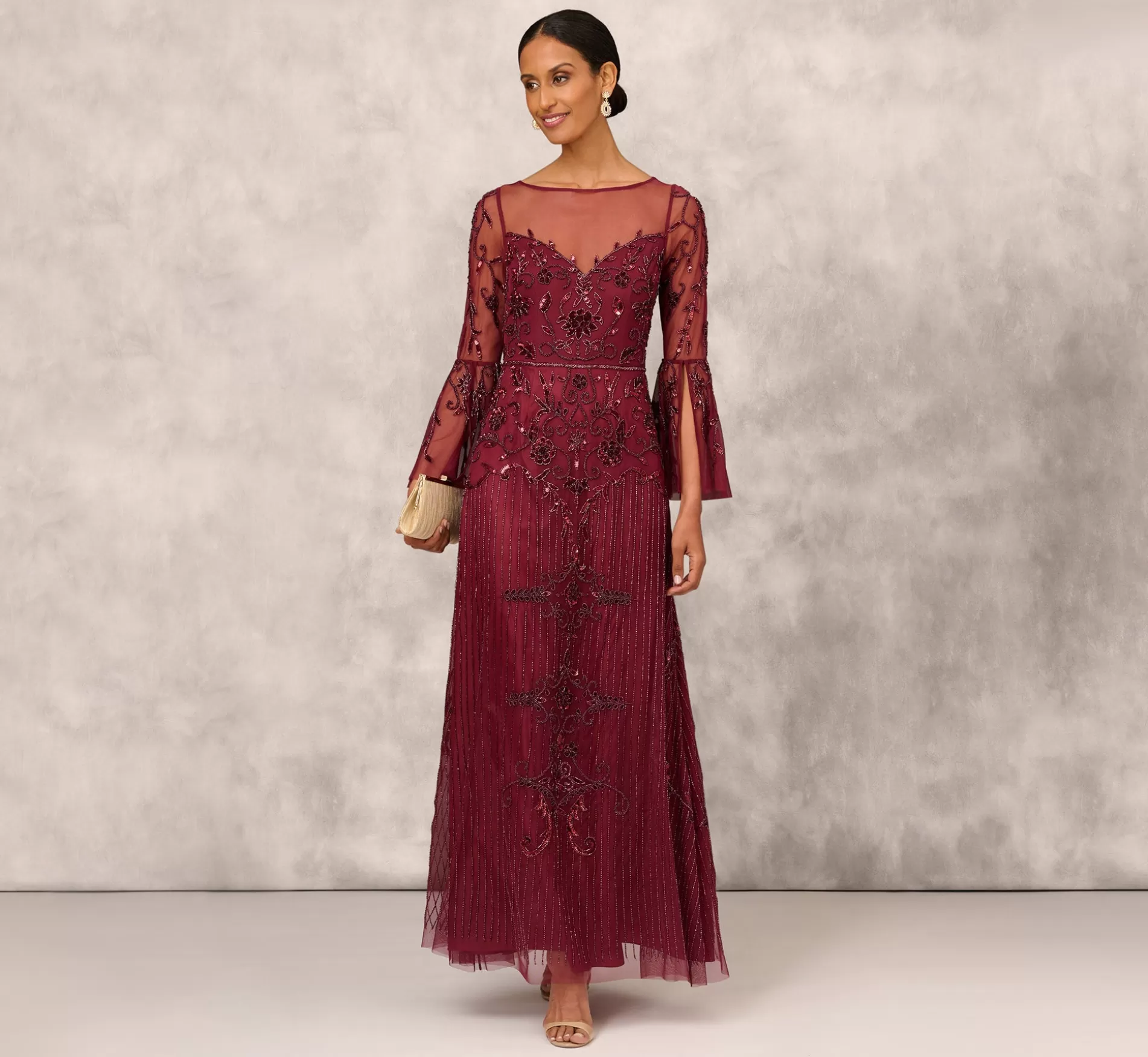 Fashion Beaded Illusion Gown With Long Bell Sleeves In Mahogany Long Dresses