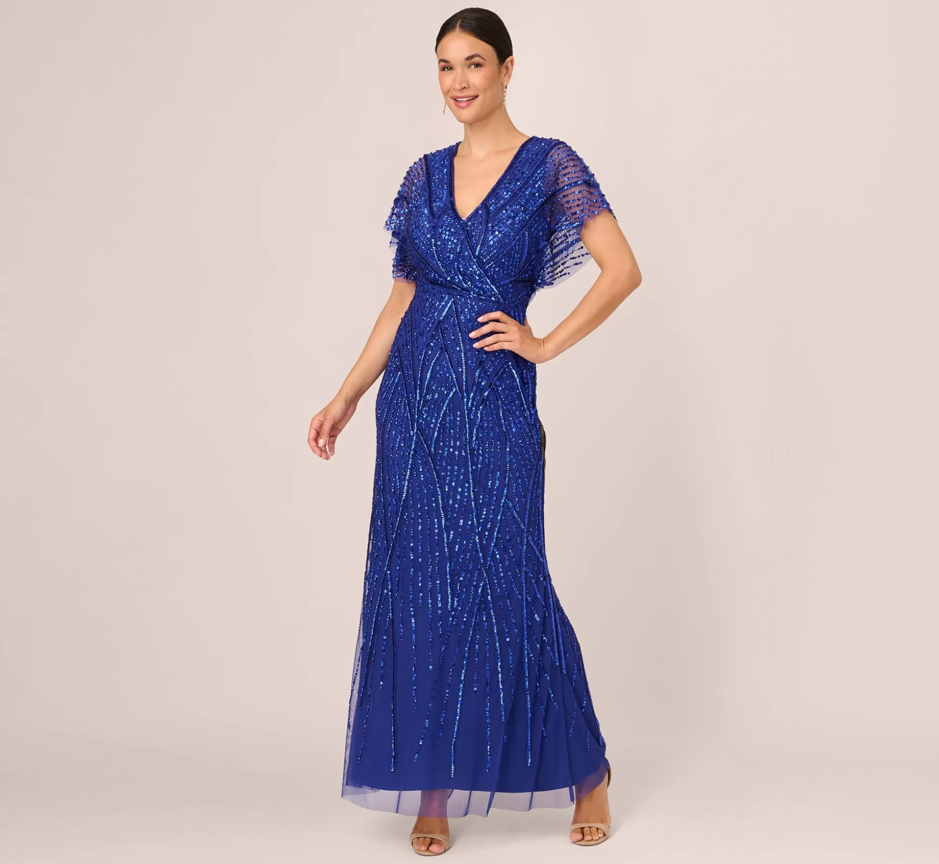 Shop Beaded Mermaid Gown With Dolman Sleeves In Ultra Blue Beaded | Black Tie