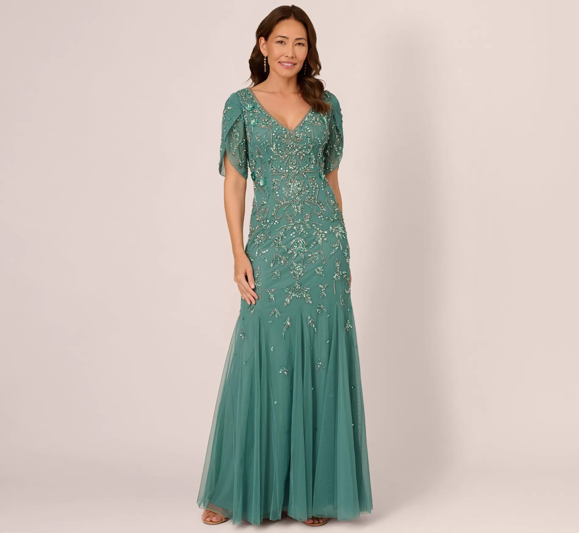 Discount Beaded Mermaid Gown With Sheer Petal Sleeves In Green Slate Best Sellers | Beaded
