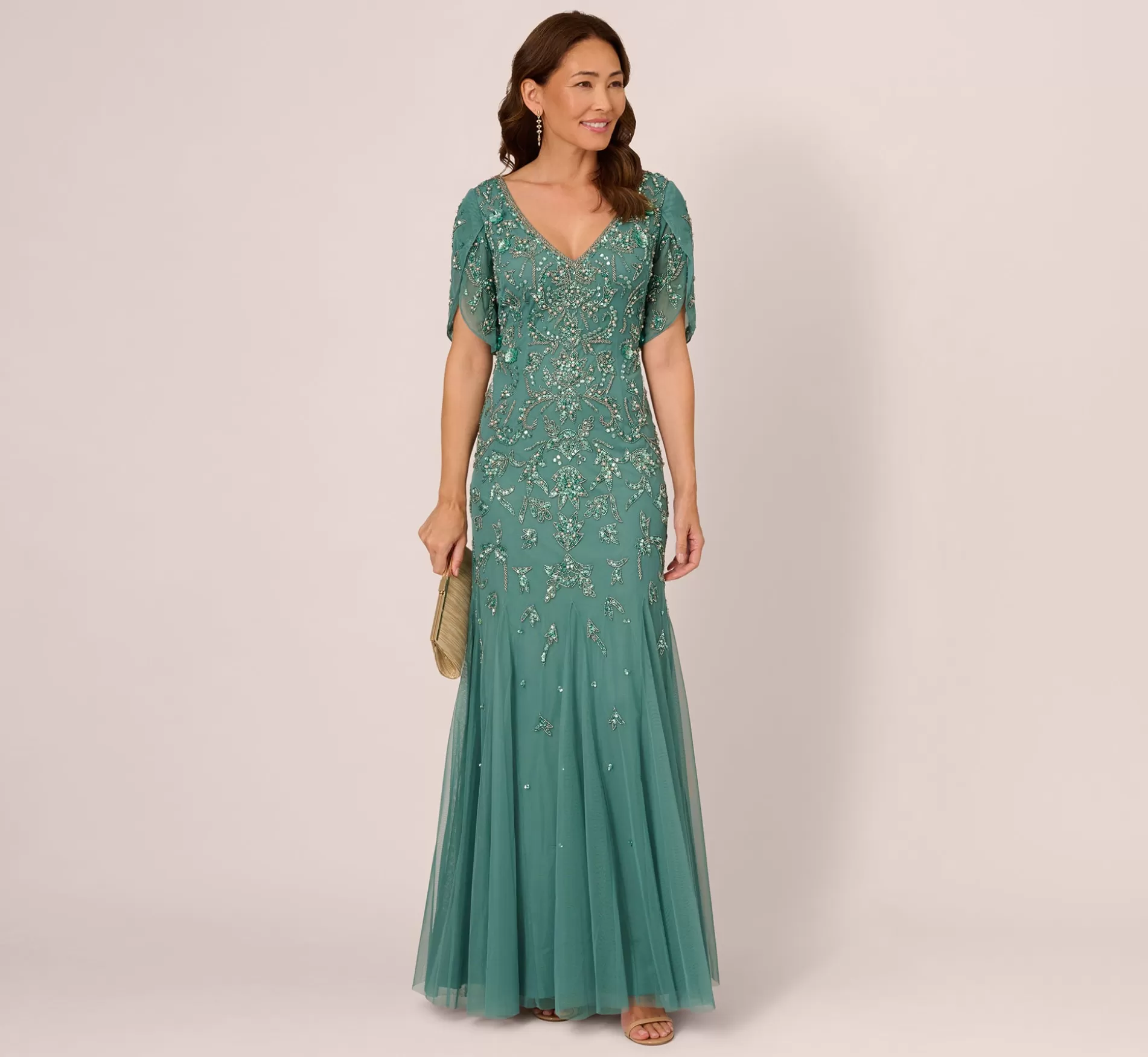 Discount Beaded Mermaid Gown With Sheer Petal Sleeves In Green Slate Best Sellers | Beaded