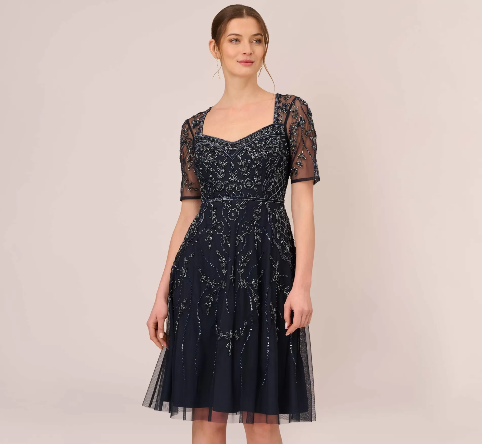 Best Sale Beaded Midi Dress With Sheer Short Sleeves In Midnight Beaded | Cocktail