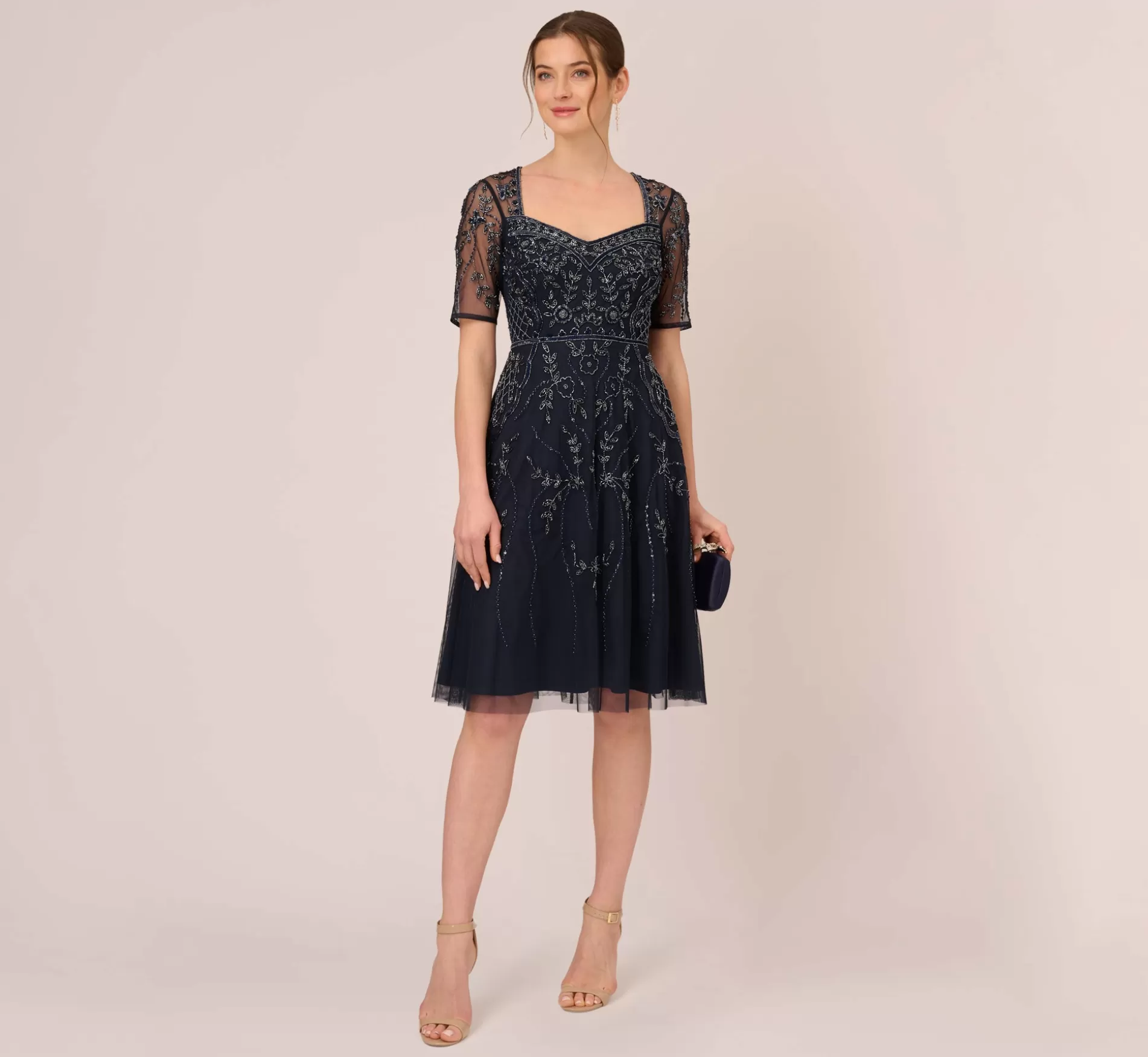 Best Sale Beaded Midi Dress With Sheer Short Sleeves In Midnight Beaded | Cocktail