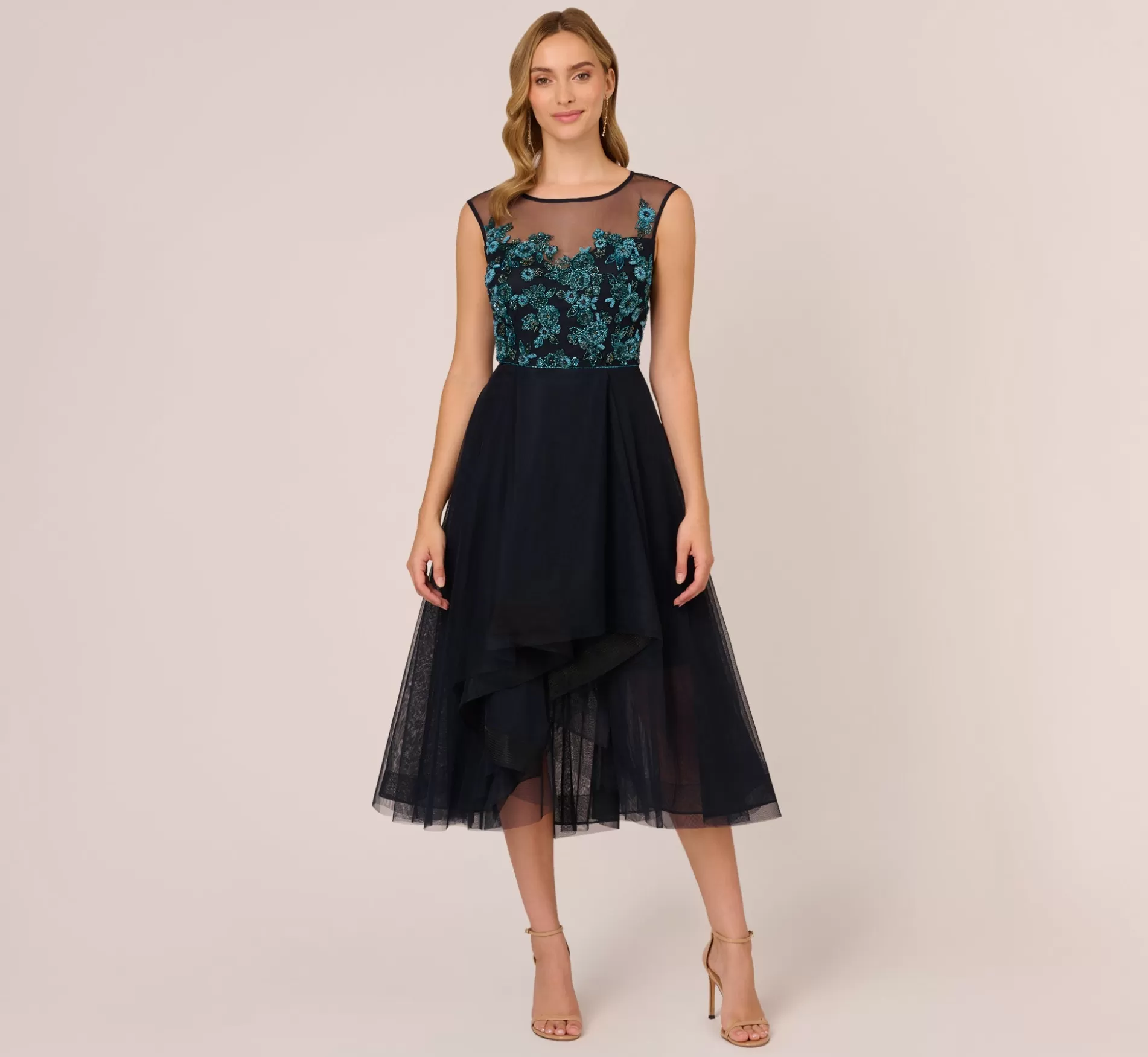 Outlet Beaded Midi Dress With Tulle Skirt In Midnight Multi Beaded | Cocktail