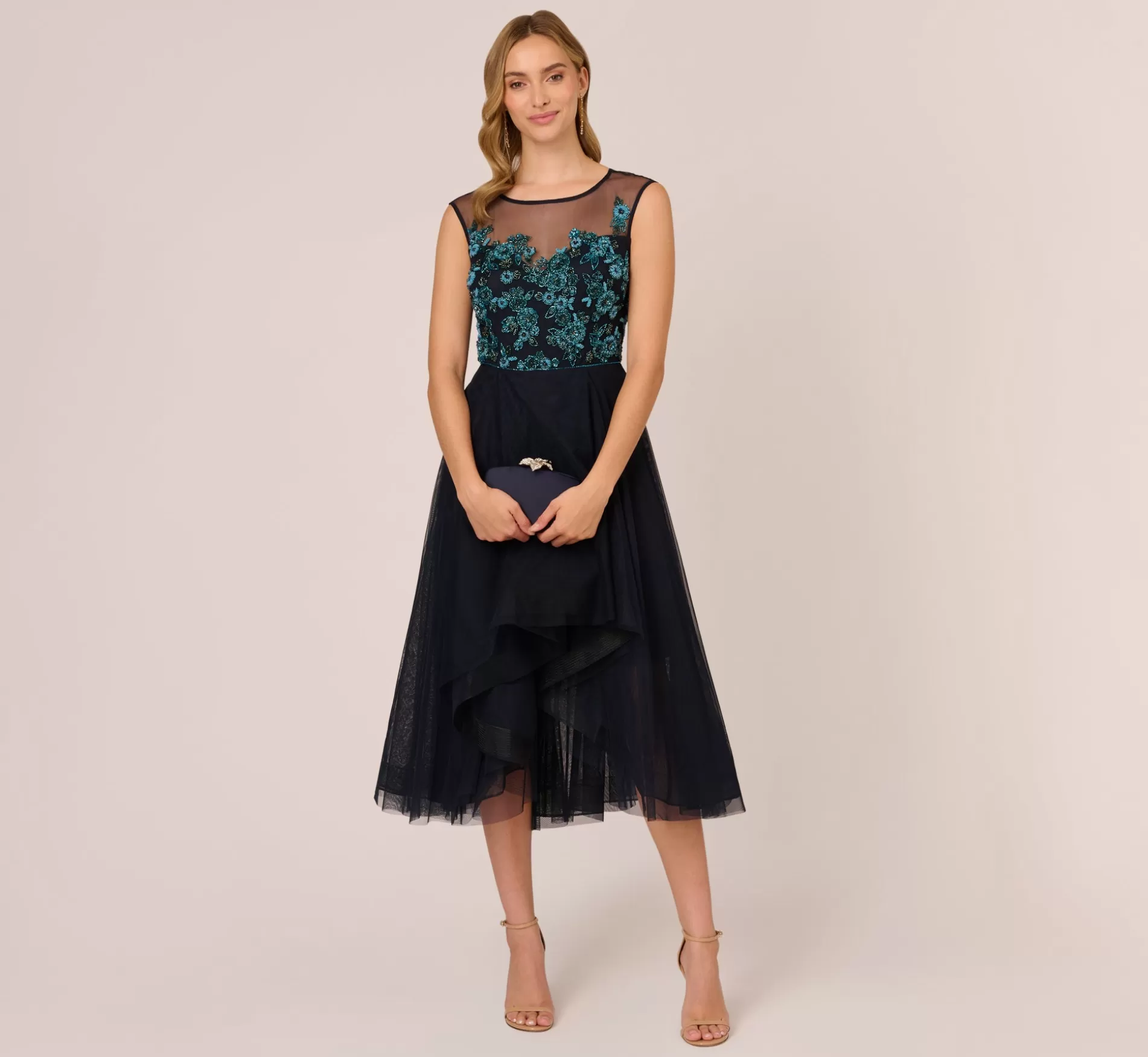 Outlet Beaded Midi Dress With Tulle Skirt In Midnight Multi Beaded | Cocktail