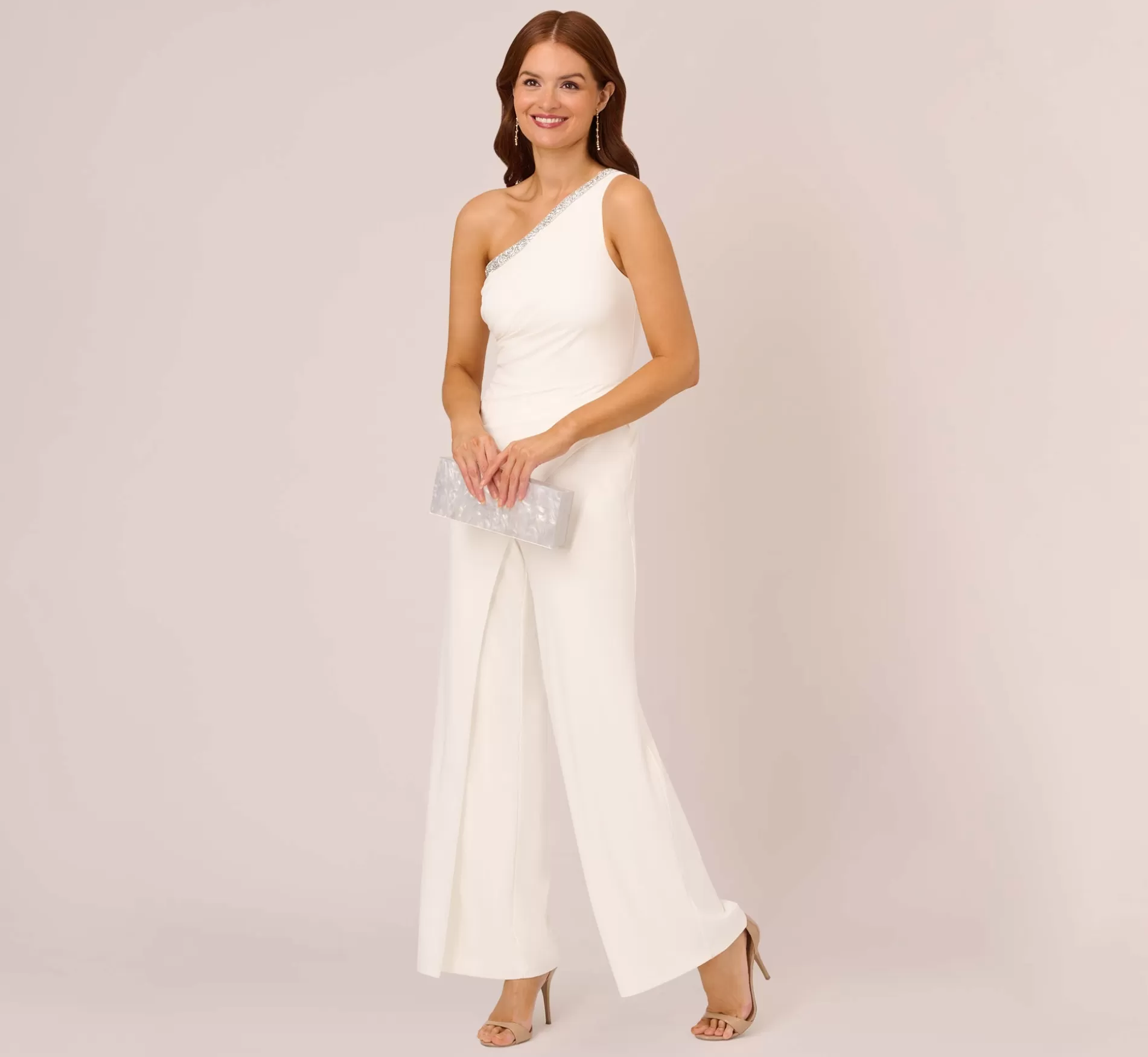 Clearance Beaded One-Shoulder Matte Jersey Jumpsuit In Ivory Bridal Jumpsuits | Black Tie