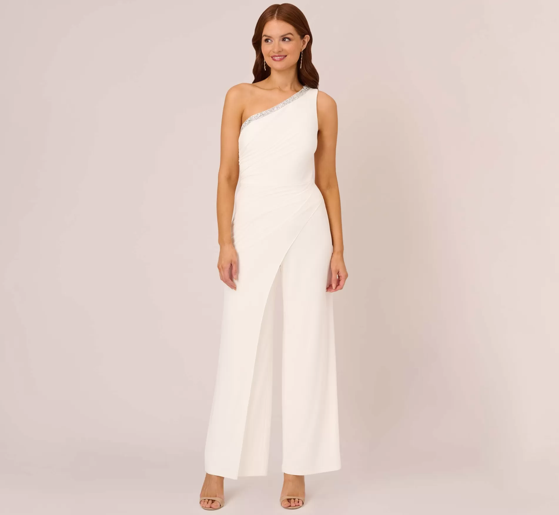 Clearance Beaded One-Shoulder Matte Jersey Jumpsuit In Ivory Bridal Jumpsuits | Black Tie