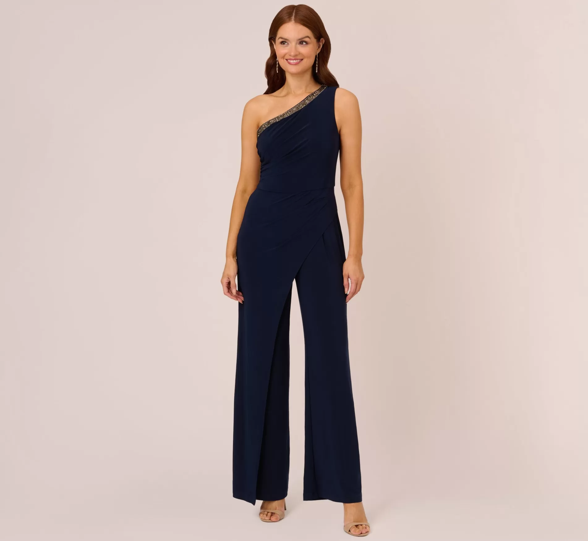 Cheap Beaded One-Shoulder Matte Jersey Jumpsuit In Midnight Beaded | Black Tie