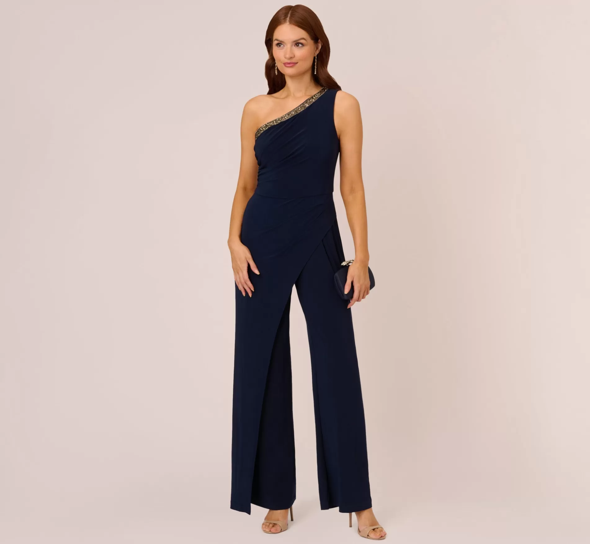 Cheap Beaded One-Shoulder Matte Jersey Jumpsuit In Midnight Beaded | Black Tie