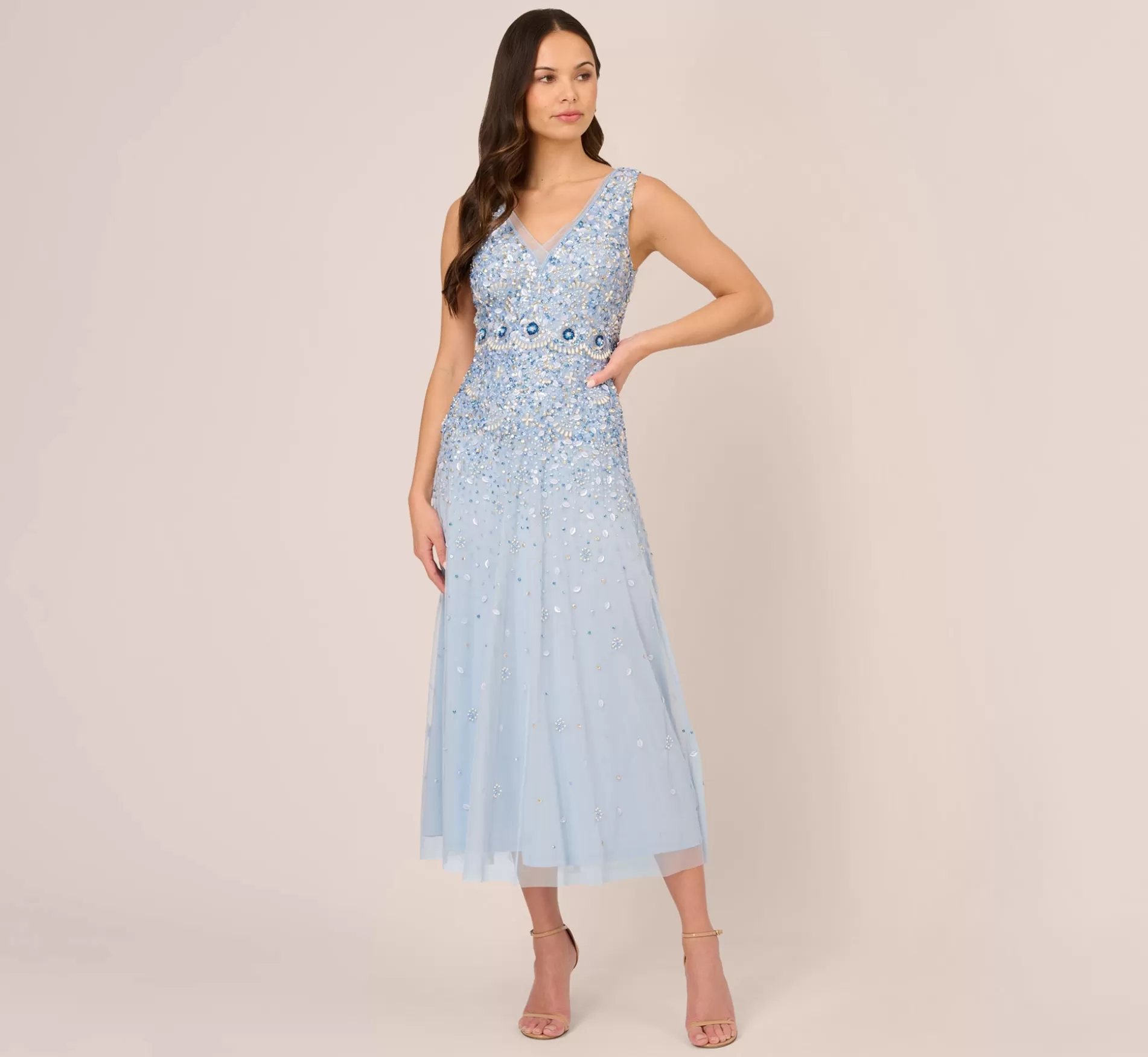 Discount Beaded Sleeveless Ankle Length Gown With V Back In Elegant Sky Best Sellers | Beaded