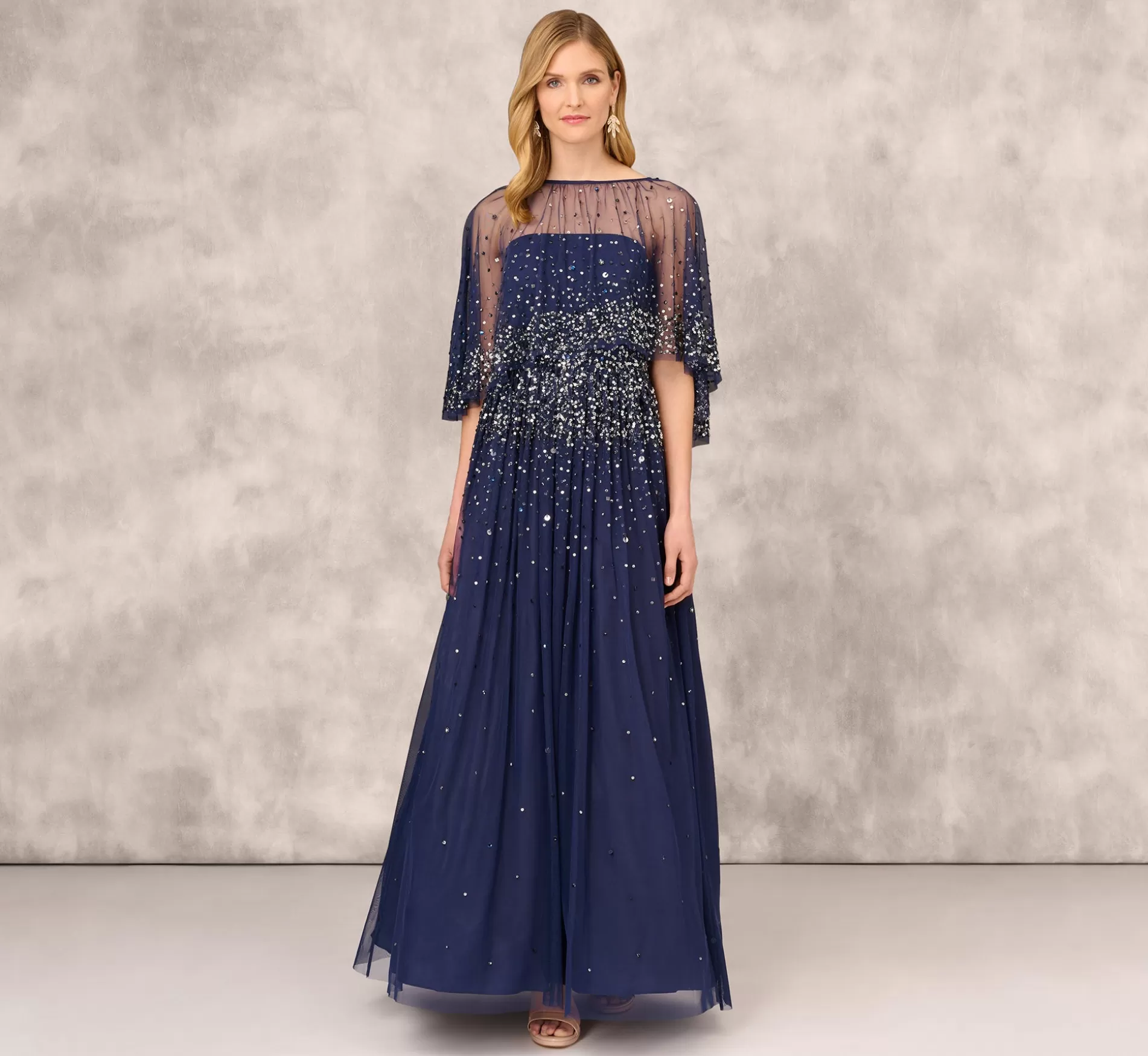 Discount Beaded Strapless Gown With Sheer Removable Cape In Navy Long Dresses