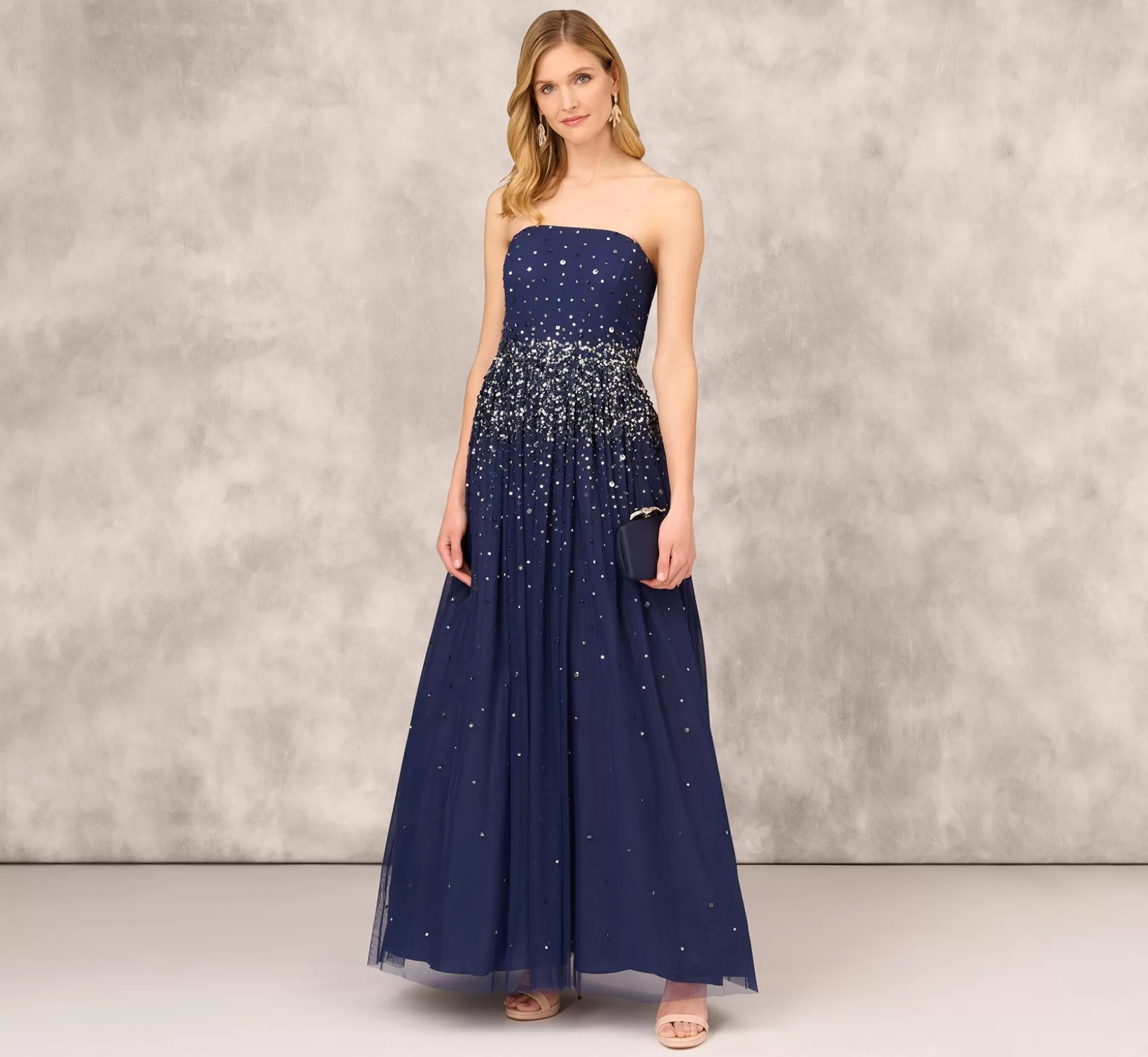 Discount Beaded Strapless Gown With Sheer Removable Cape In Navy Long Dresses