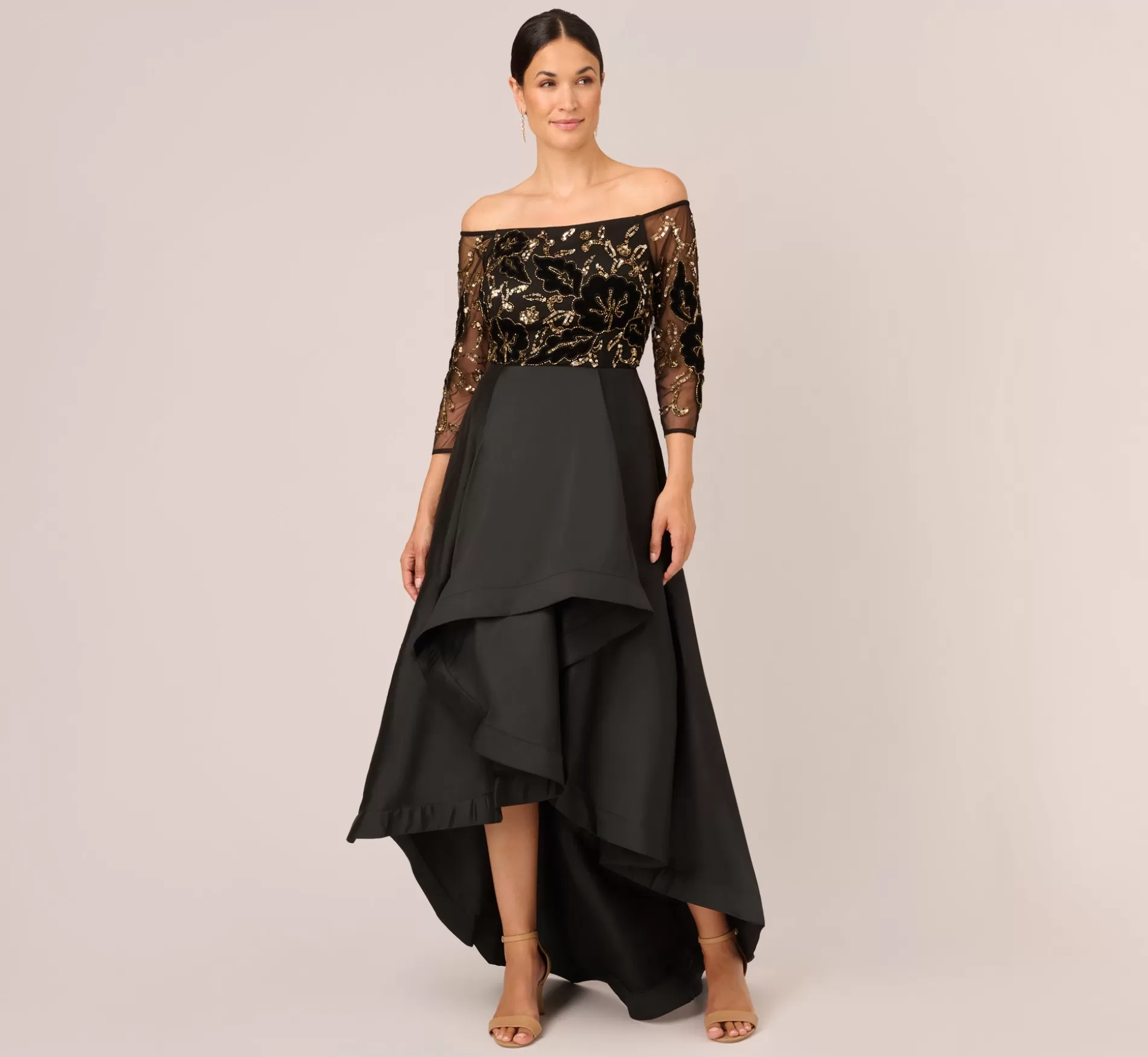 Fashion Beaded Taffeta Ball Gown With Three-Quarter Sleeves In Black Gold Beaded | Black Tie