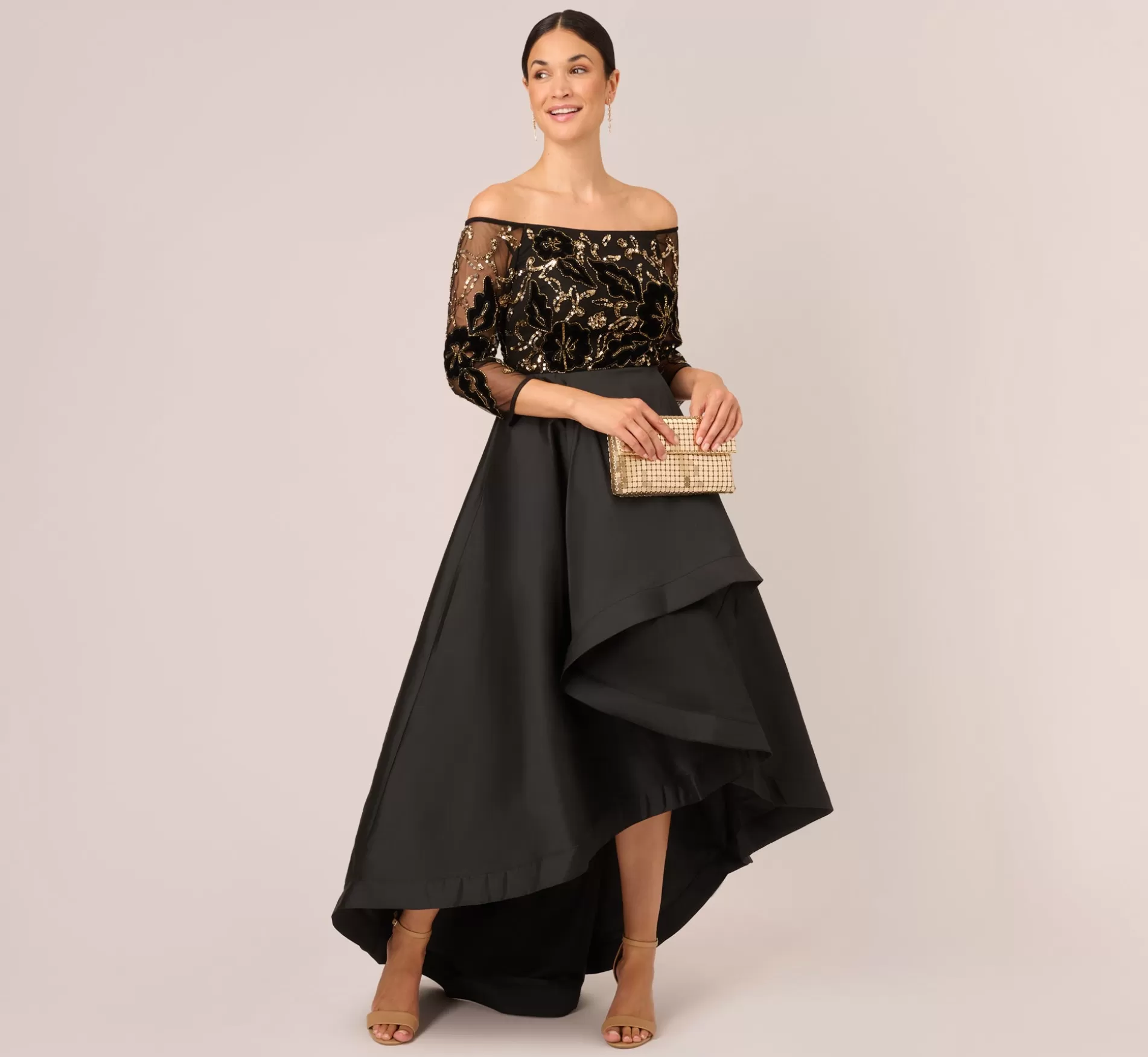 Fashion Beaded Taffeta Ball Gown With Three-Quarter Sleeves In Black Gold Beaded | Black Tie