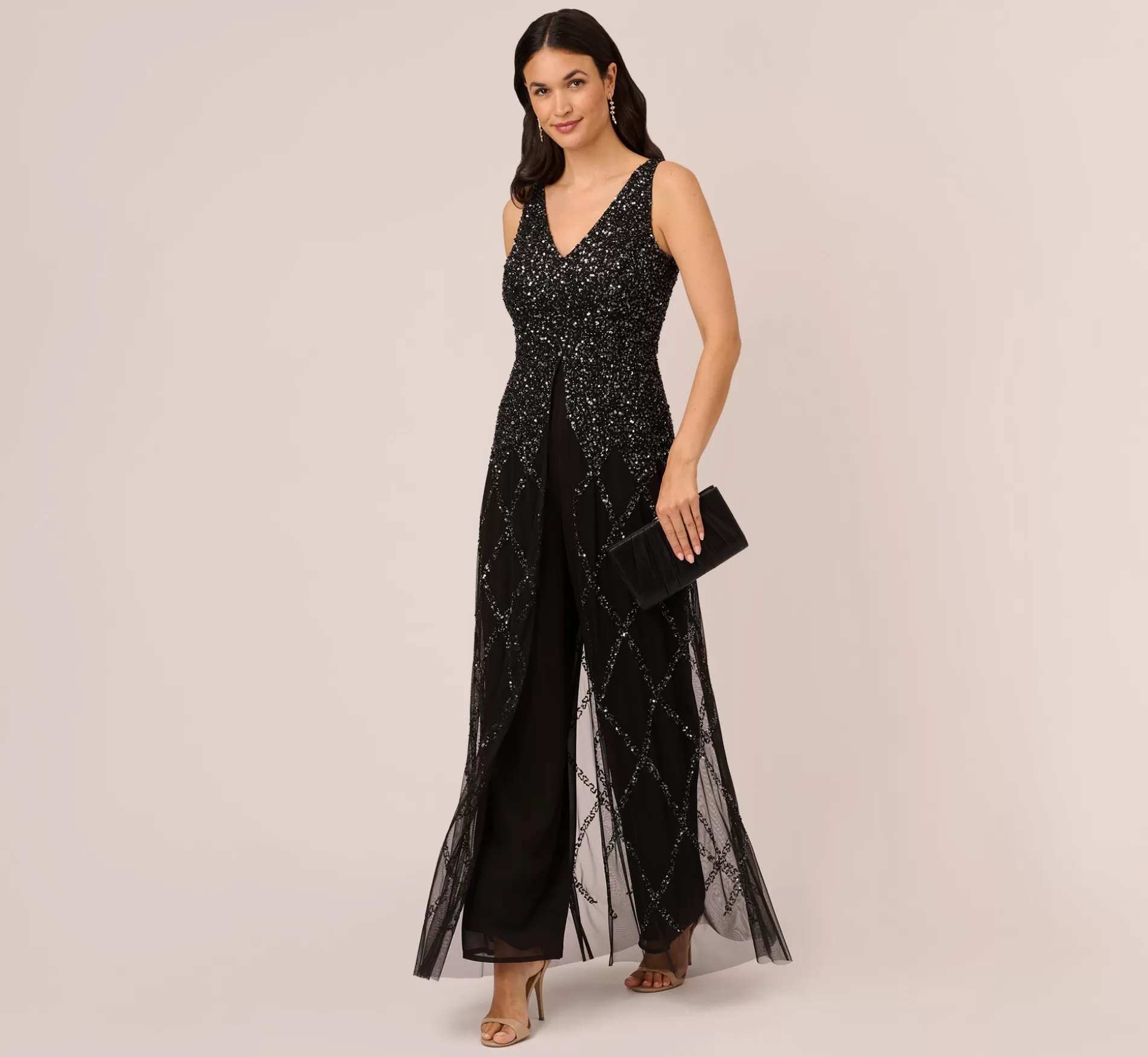 Fashion Beaded Wide Leg Jumpsuit With Georgette Overlay In Black Beaded | Jumpsuits