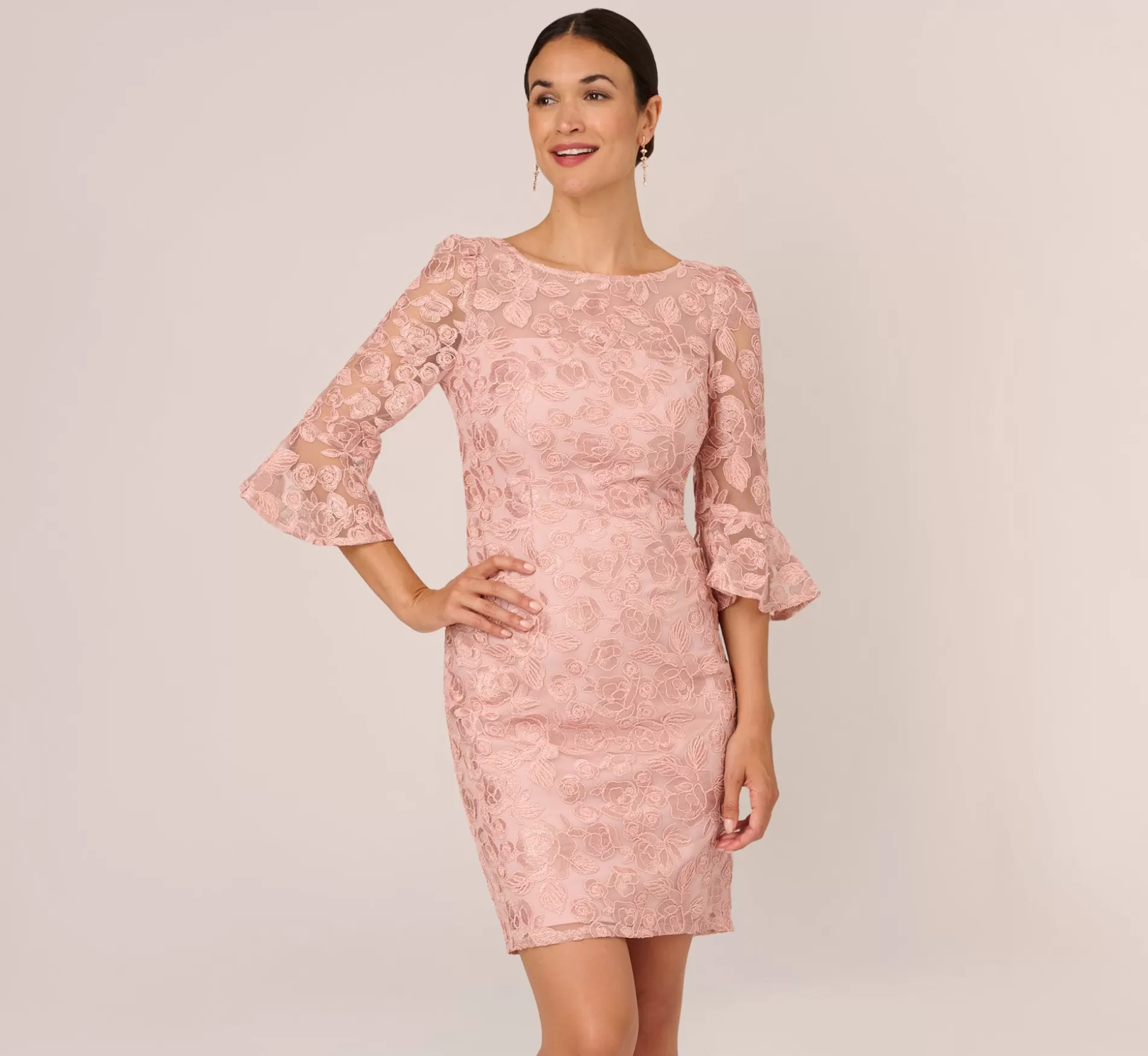 Outlet Bell Sleeve Rose Embroidered Sheath Dress In Dusty Rose Floral | Floral