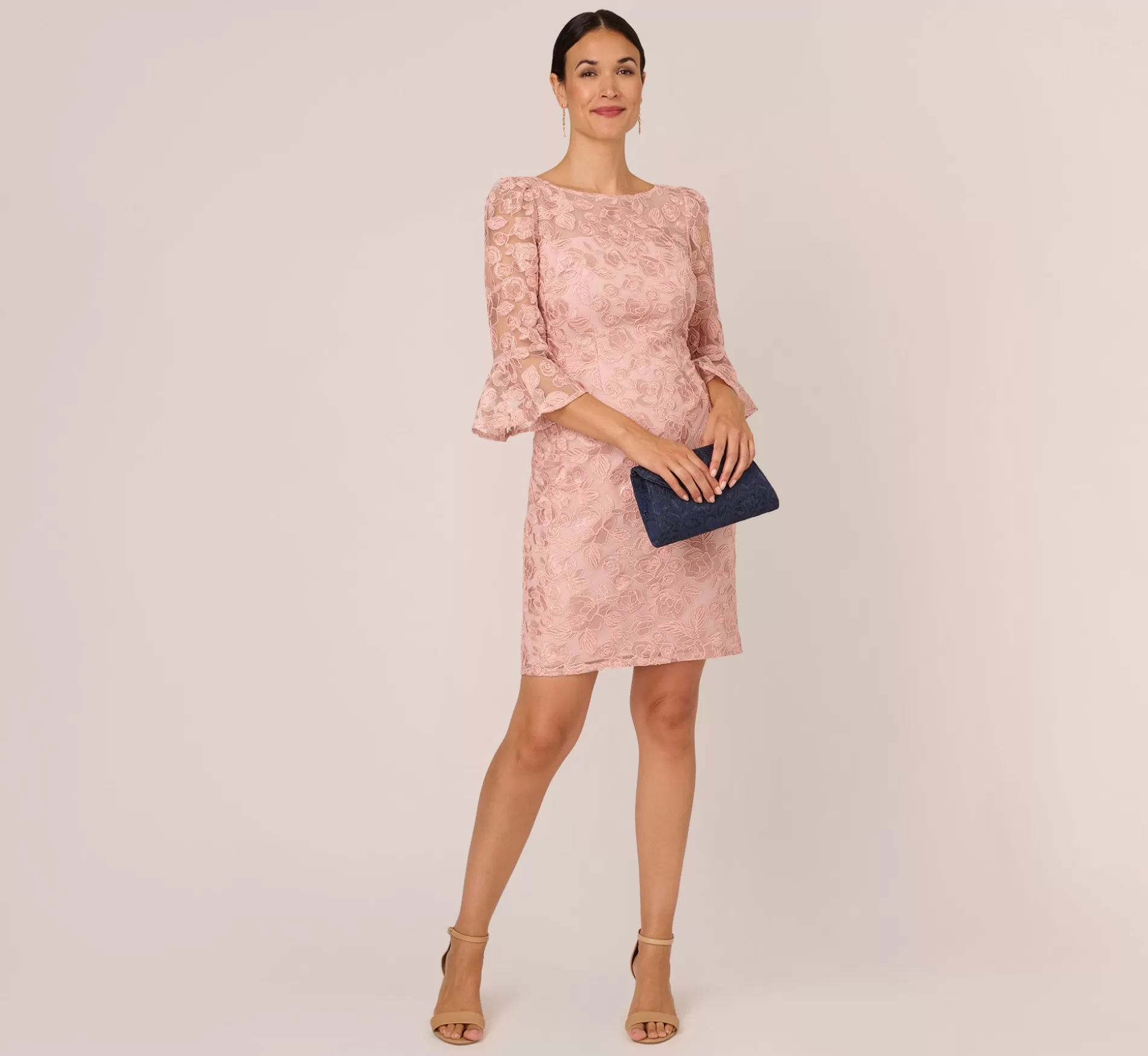 Outlet Bell Sleeve Rose Embroidered Sheath Dress In Dusty Rose Floral | Floral