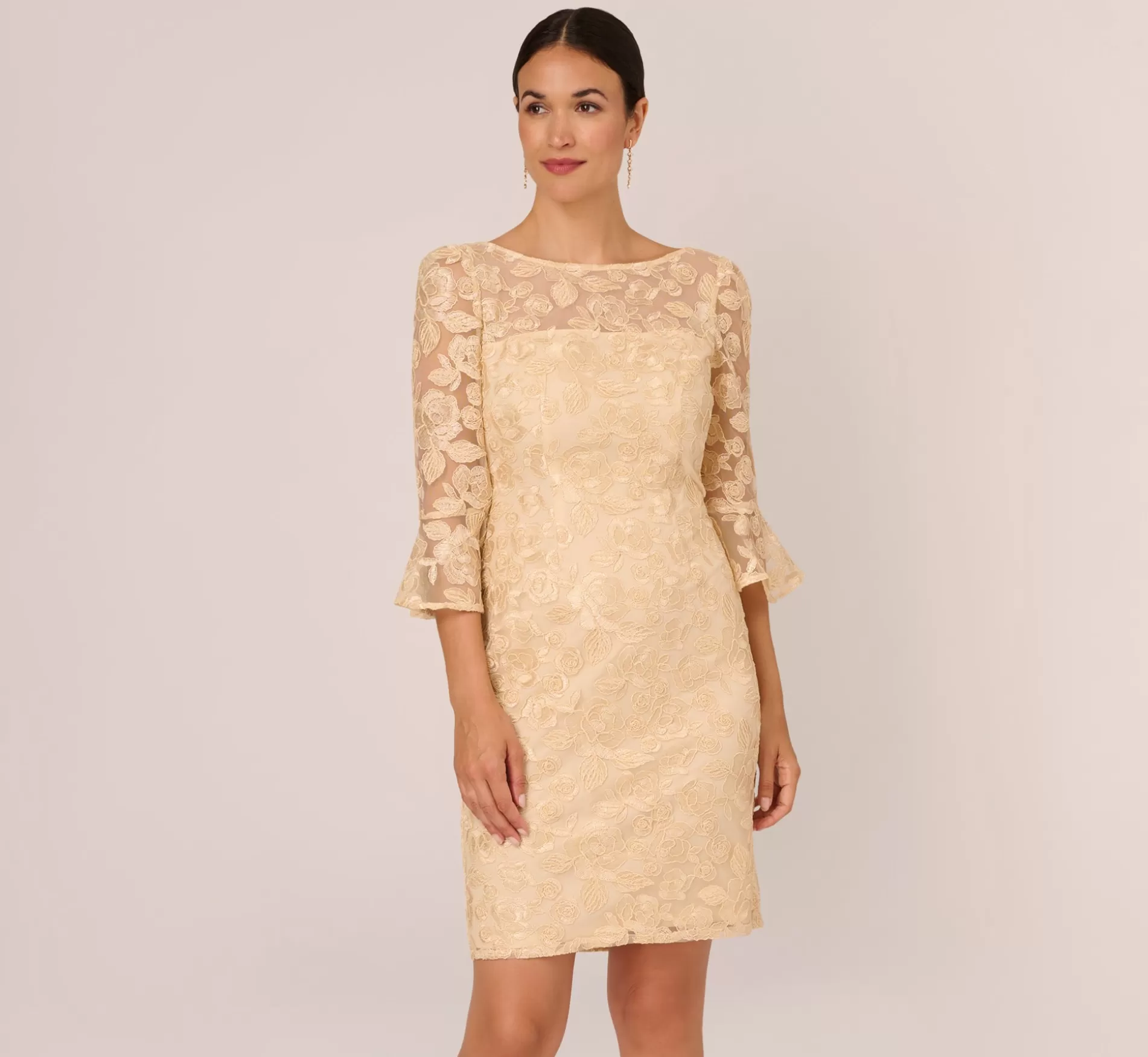 Shop Bell Sleeve Rose Embroidered Sheath Dress In Light Champagne Floral | Floral