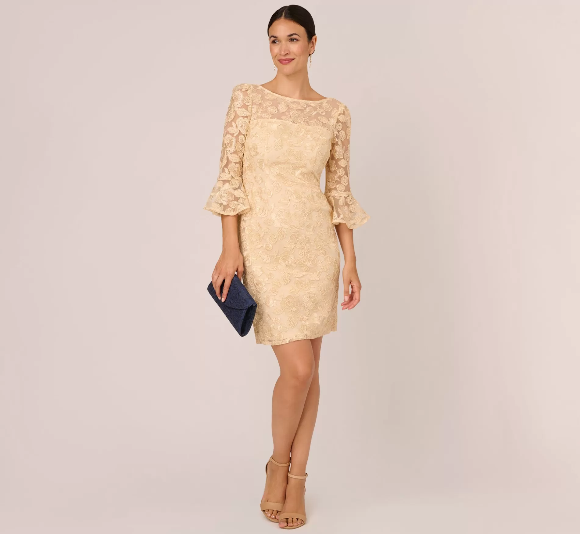 Shop Bell Sleeve Rose Embroidered Sheath Dress In Light Champagne Floral | Floral